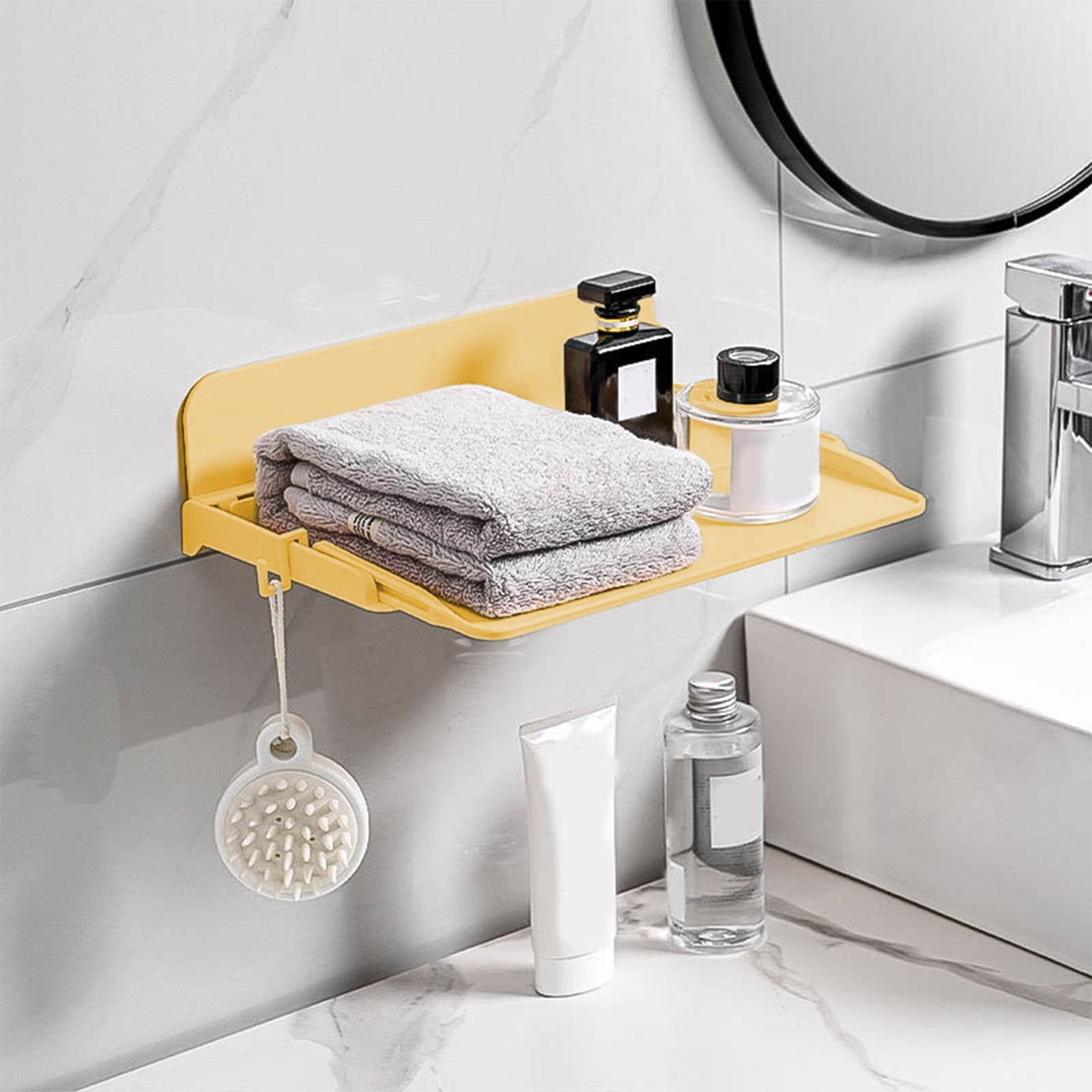 HWUXMO Wall Storage Shelf, No-Drill Bathroom Organizer, Space-Saving Kitchen Rack (Yellow, 11.9 in x 8.5 in) 795xc