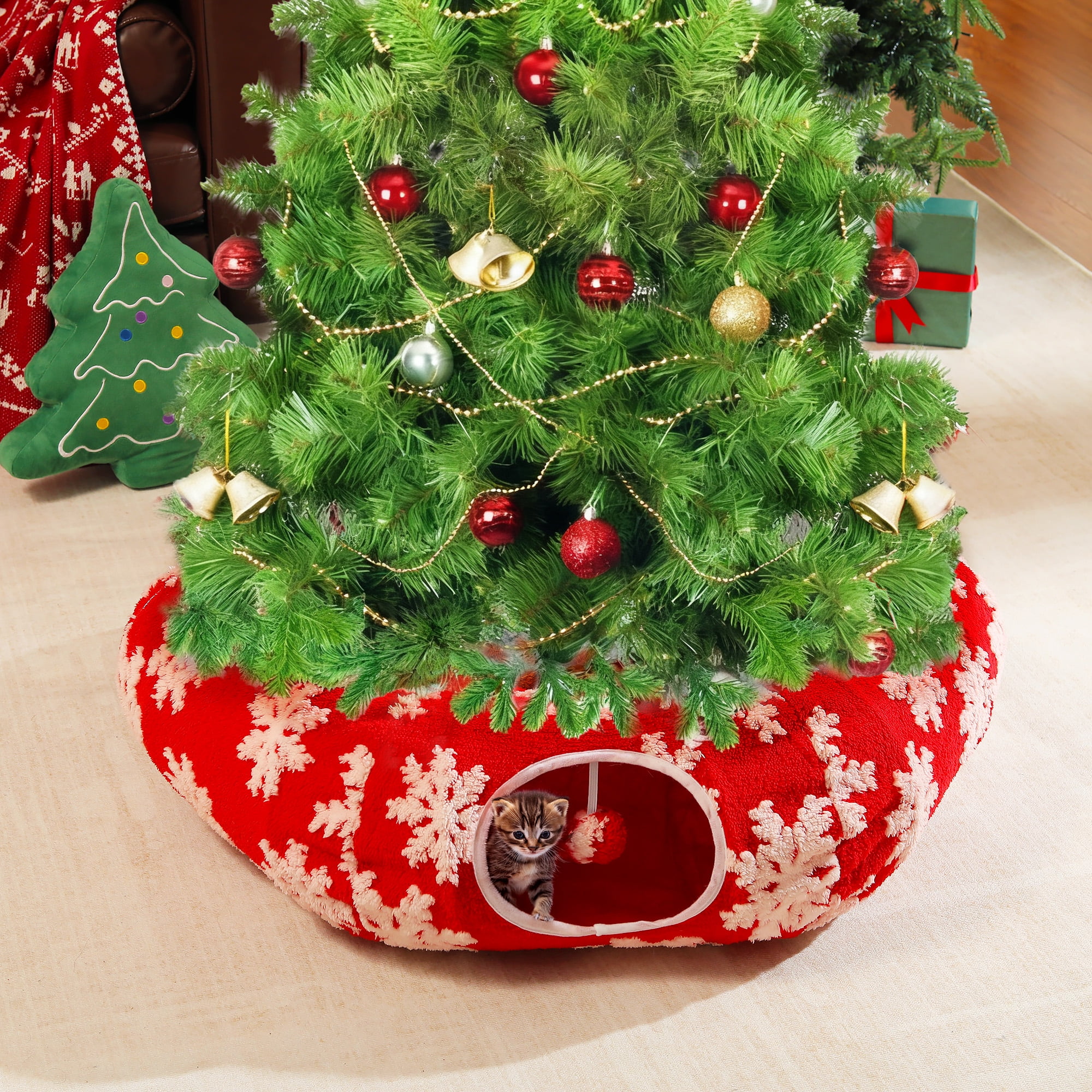 PAWZ Road Christmas Cat Tunnel Bed with Soft Mat and Hanging Toys (Red, 34 in) 3w2e7