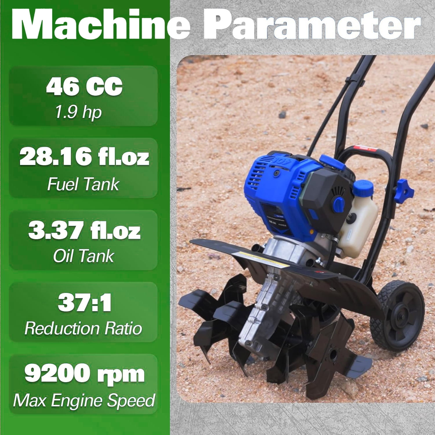 ANLIBATT Gas Tiller Cultivator 46cc 1.9HP Heavy-Duty Garden Soil Rototiller (16 in. Width, 8 in. Depth) gy28p
