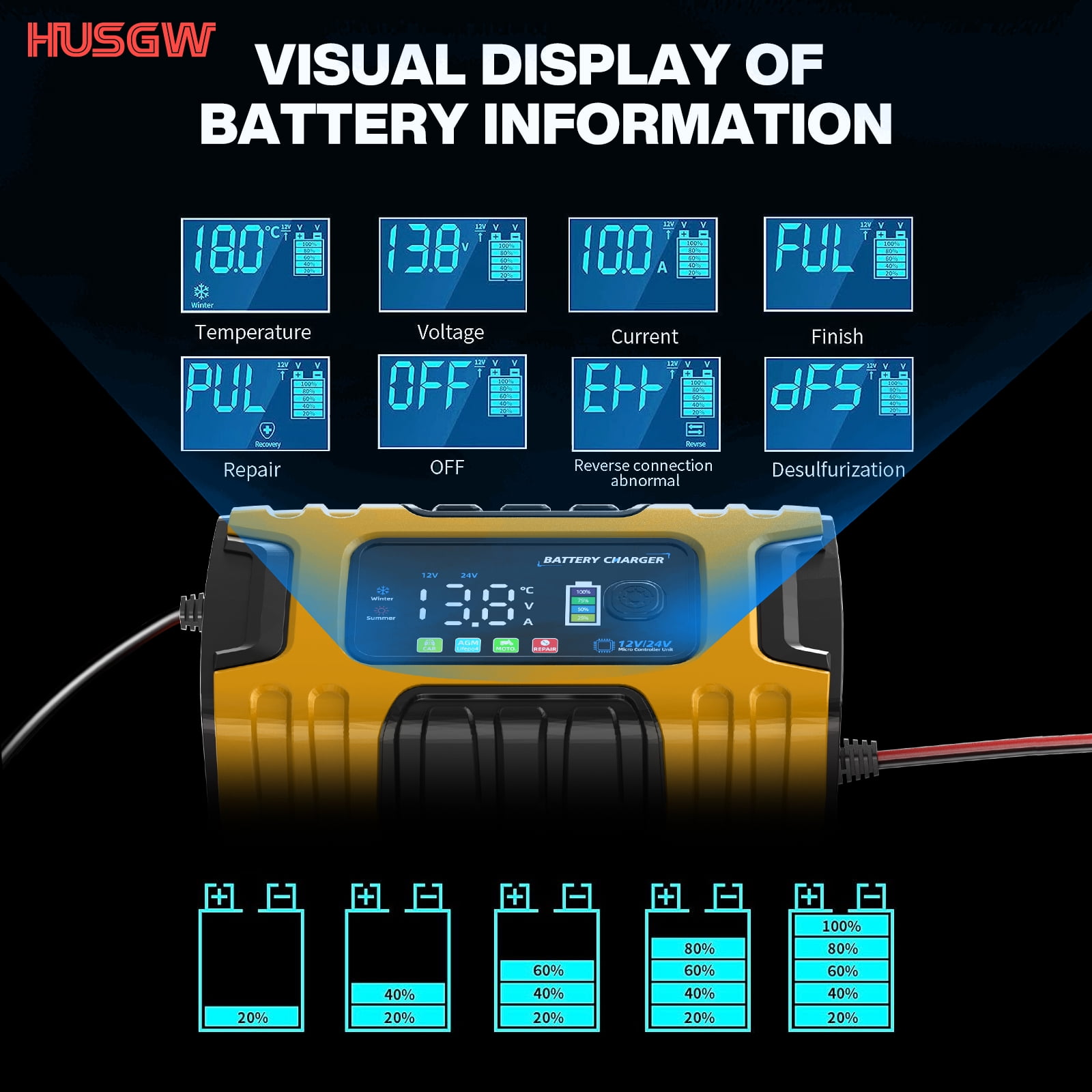 HUSGW Smart Car Battery Charger 12V 10A/24V 5A Automatic Trickle Maintainer for Lead-Acid and LiFePO4 (Yellow) 3qr0f