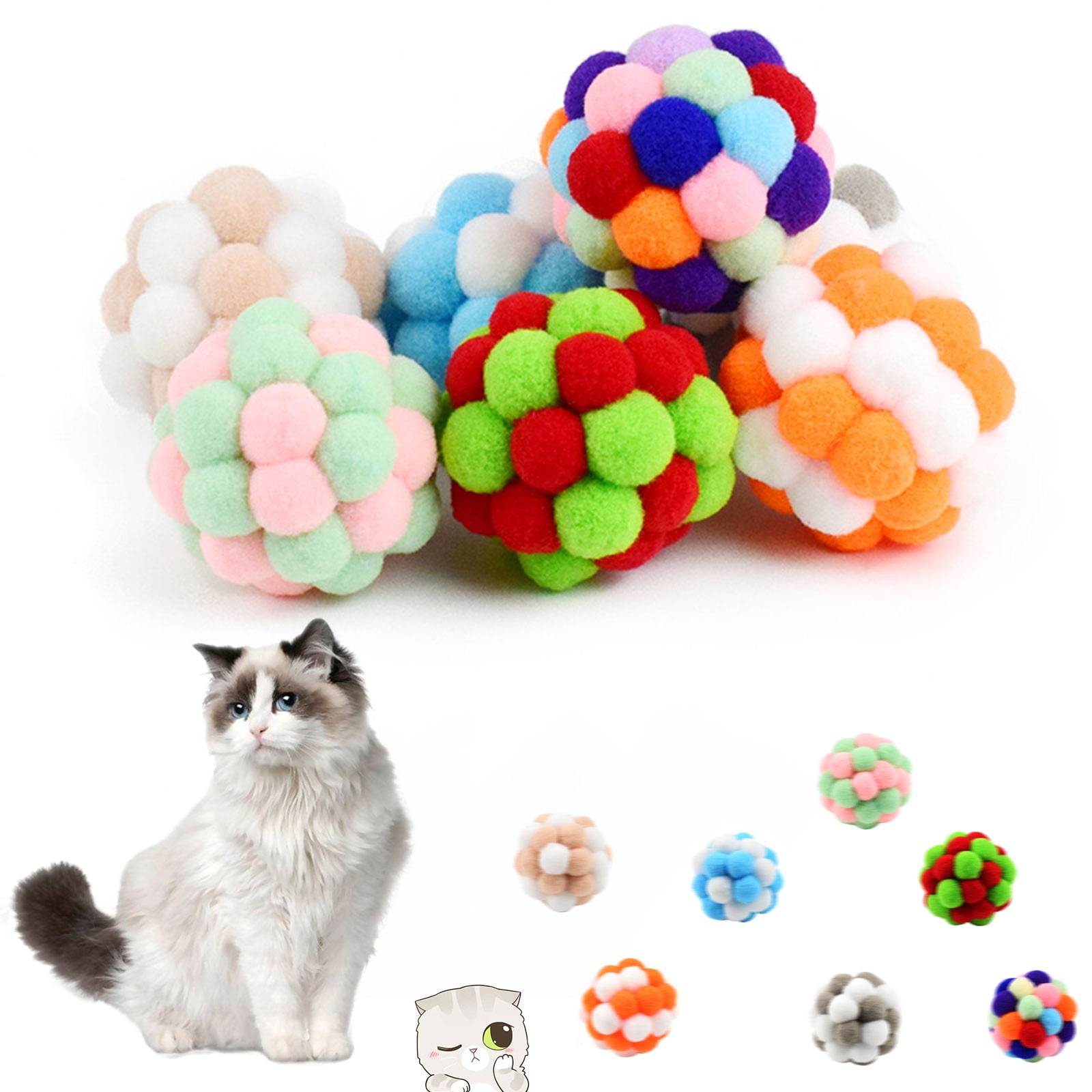 HUJTYs Interactive Cat Toy Balls with Bell, Soft Fuzzy Plush Chasing Toys for Indoor Cats and Kittens (Multi-color, 1.5 in) vbws1