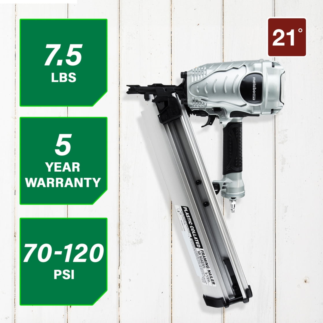 Metabo HPT Pneumatic Framing Nailer (21-Degree, 7.5 lb, 2 in to 3.5 in Fastener Capacity) 3e7mv