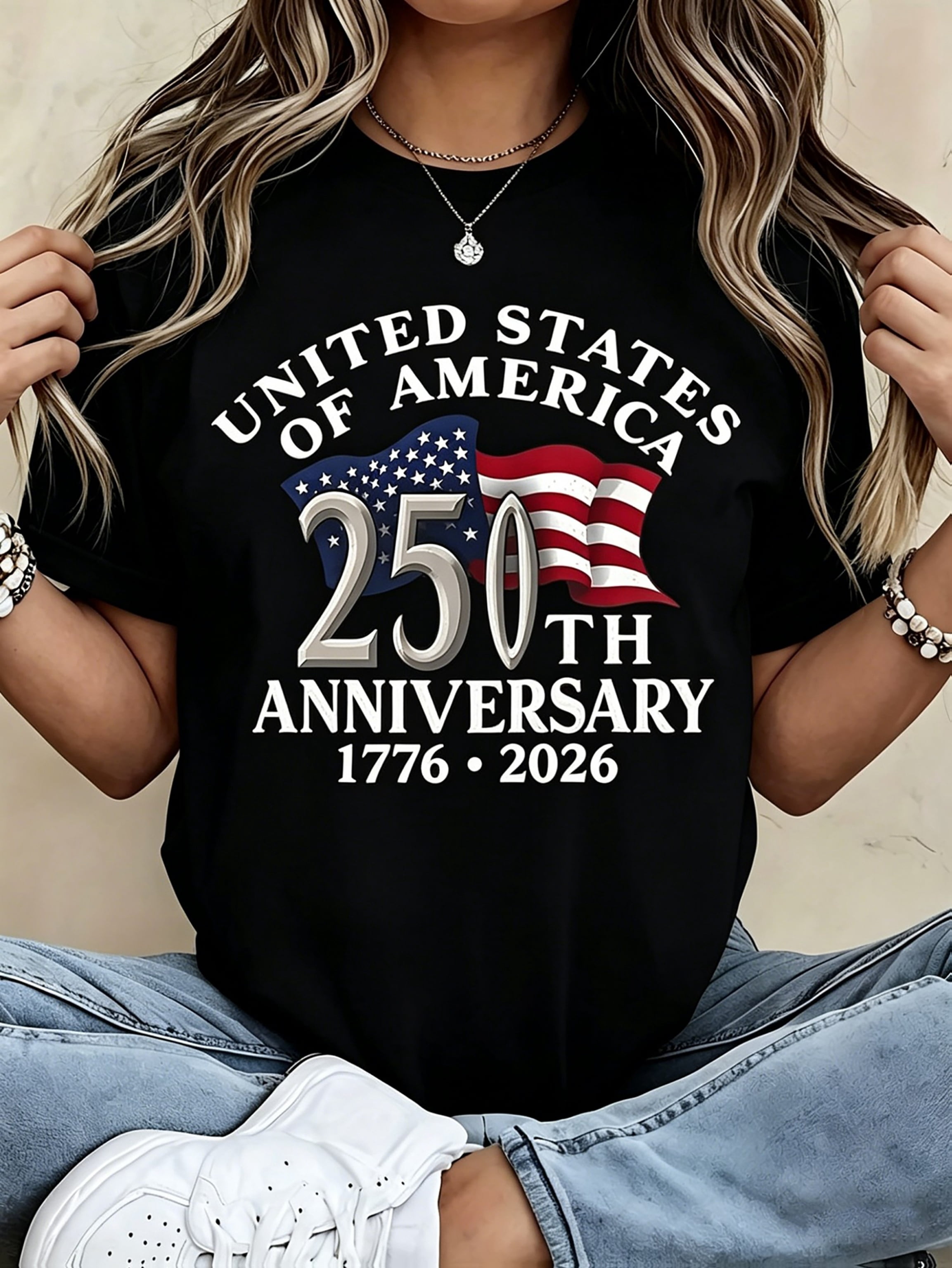 SHESIINN Women's 250 Year USA Anniversary Graphic T-Shirt, Breathable Cotton Crew Neck Short Sleeve Top (White, S) o3ztw