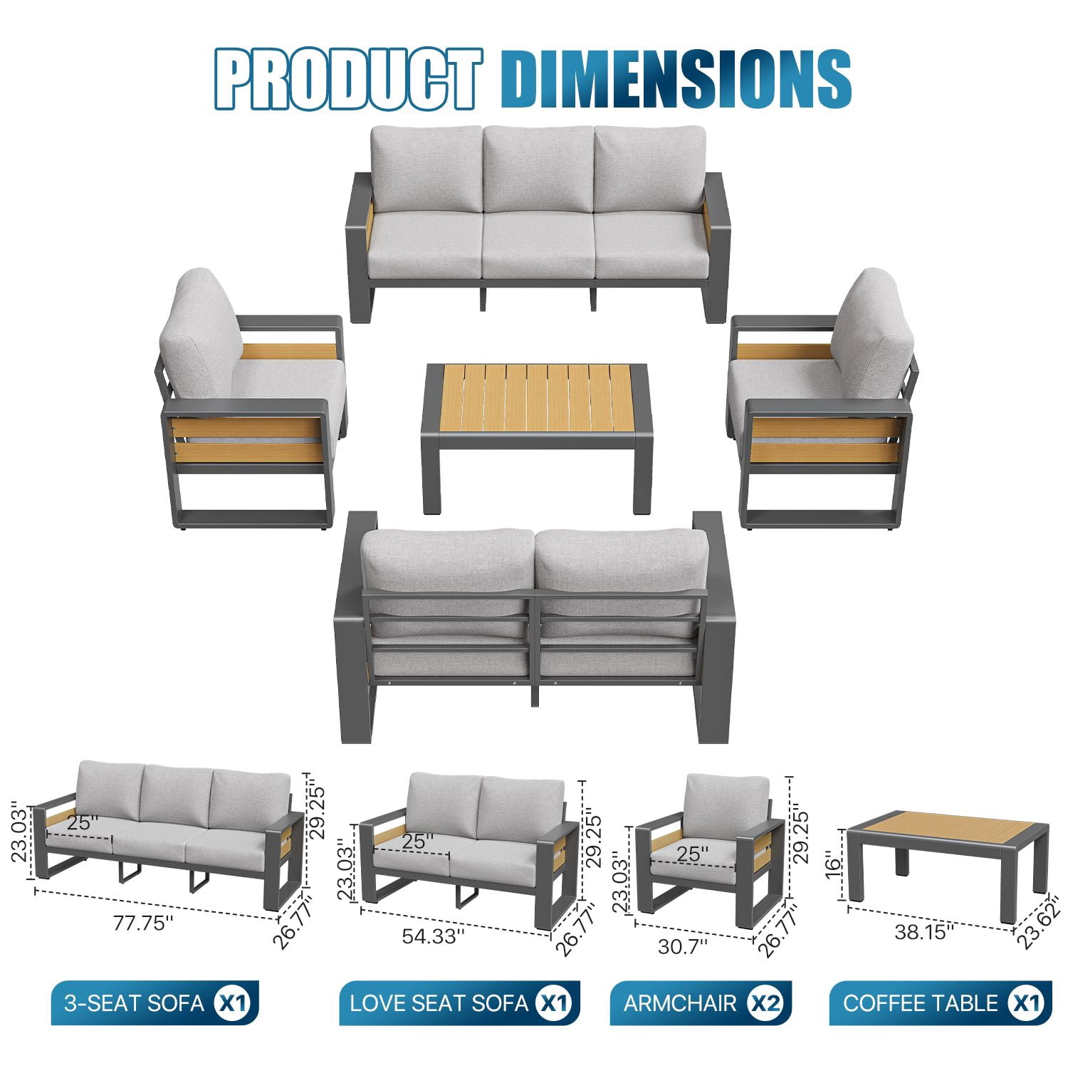 CLOUDDWELL 7-Piece Aluminum Patio Furniture Set, Outdoor Metal Sofa Conversation Set with Coffee Table (Light Gray, 7-Seat) 1r67y