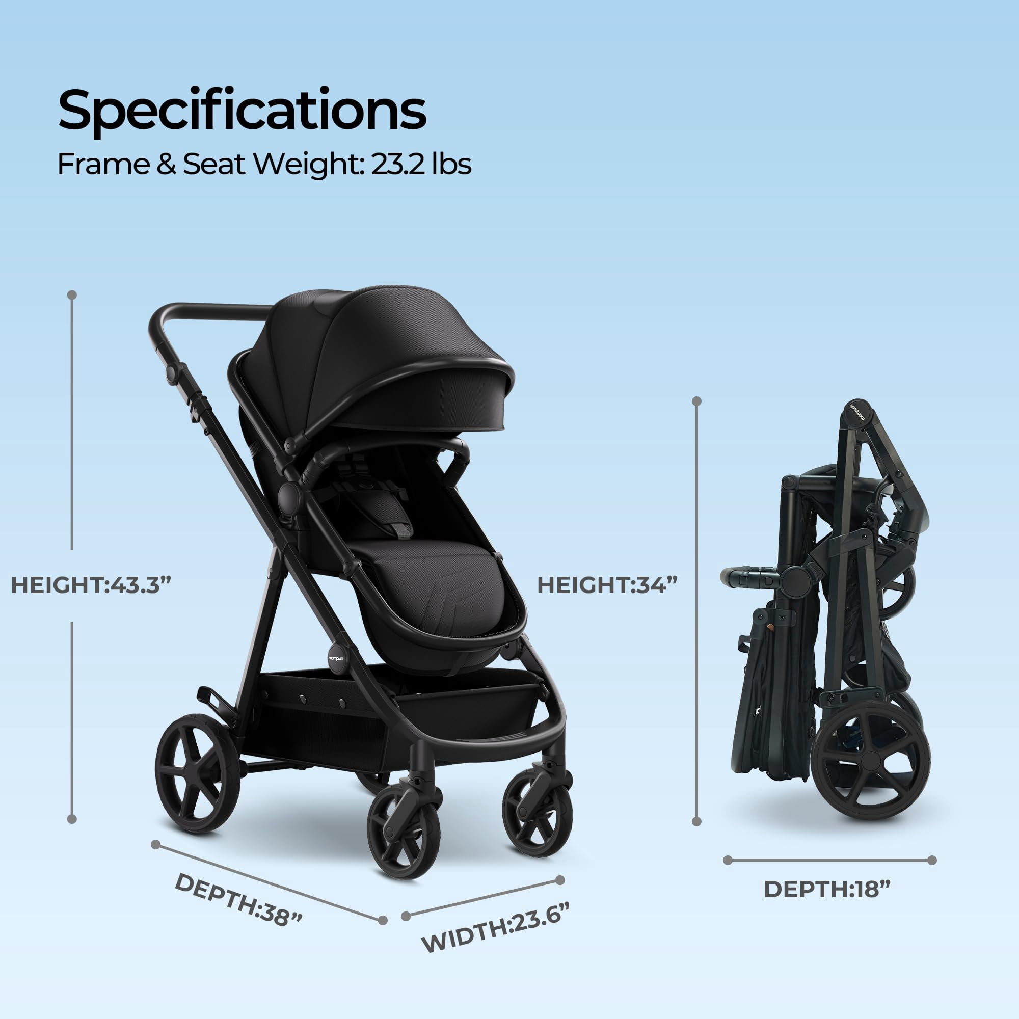 Mompush Meteor2 2-in-1 Baby Stroller with Bassinet Mode (Black, 23.2 lb) aafsz - Image 8