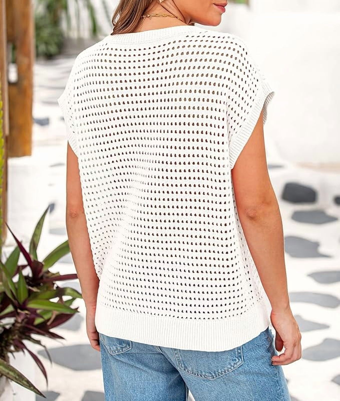 PRETTYGARDEN Womens Crochet Sweater Pullover Crew Neck Beach Cover Up (White, XL) oxhh8