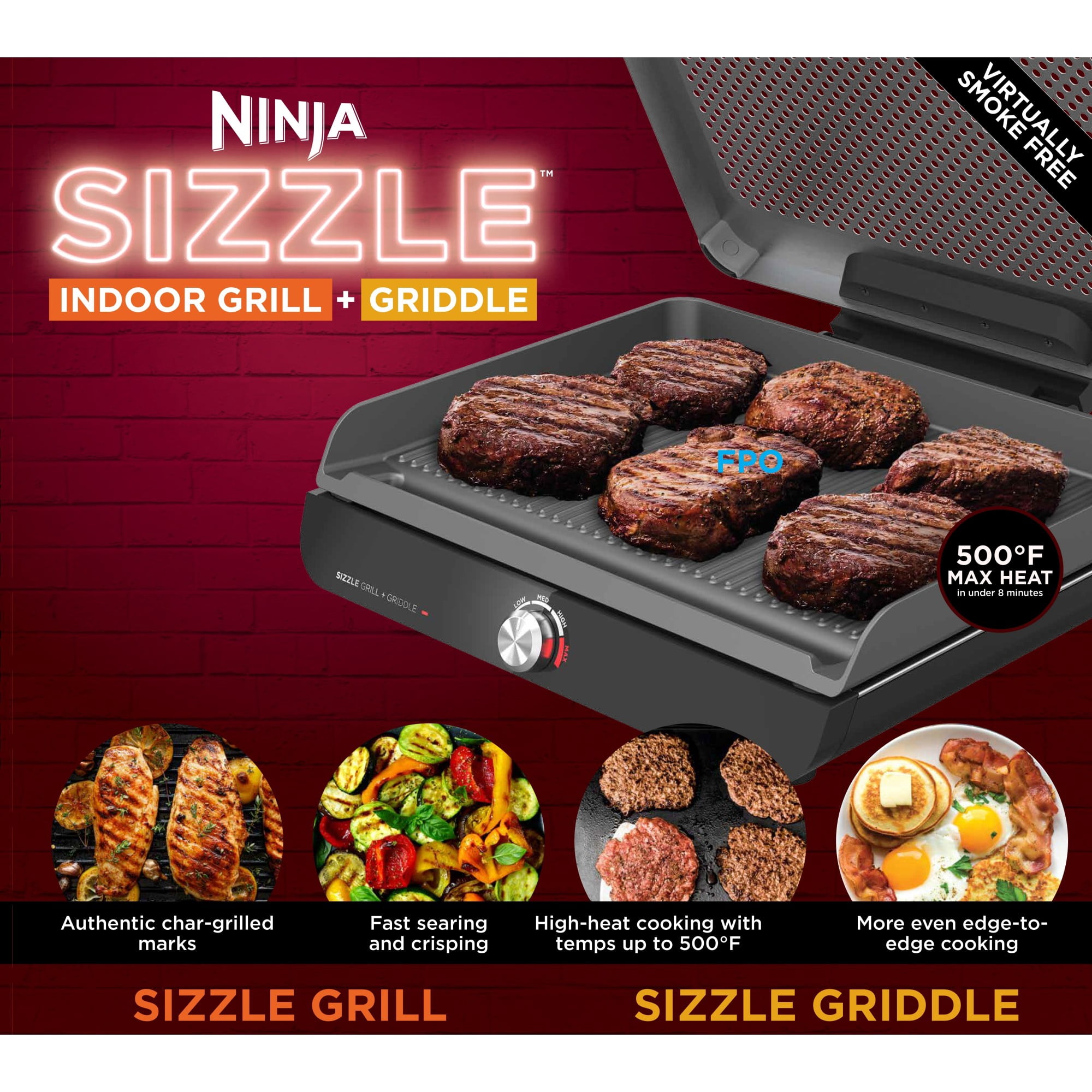 Ninja Sizzle Electric Indoor Grill, Low Smoke, 500°F Max Heat, Nonstick Surface (Black, 14 in) 8ts8z