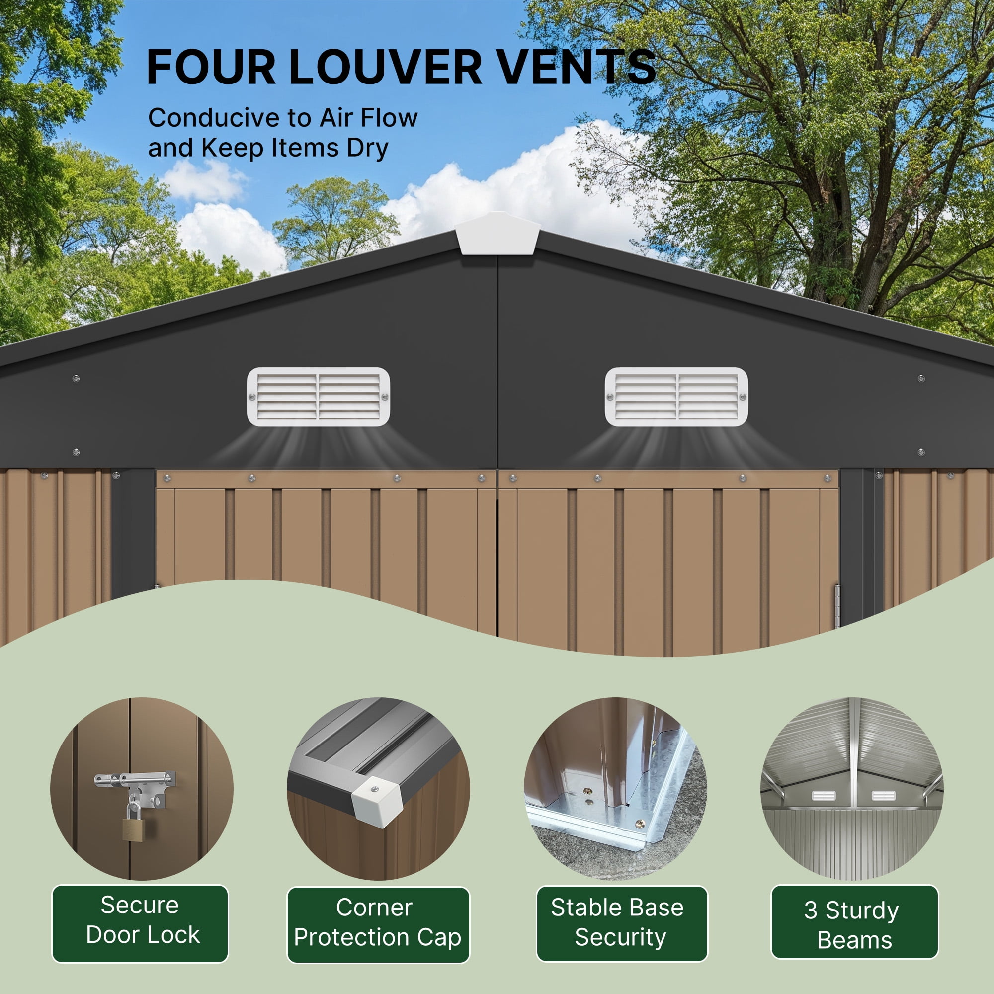 Lofka Outdoor Storage Shed, Galvanized Steel Garden Shed with Lockable Doors (Light Brown, 10 ft x 10 ft) 7du7e