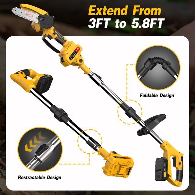 Yannovus 8-Inch Electric Pole Saw with 2 Batteries, 2-in-1 Cordless Chainsaw with 5.4 ft Extension Pole (Yellow, 8 in) vbusx