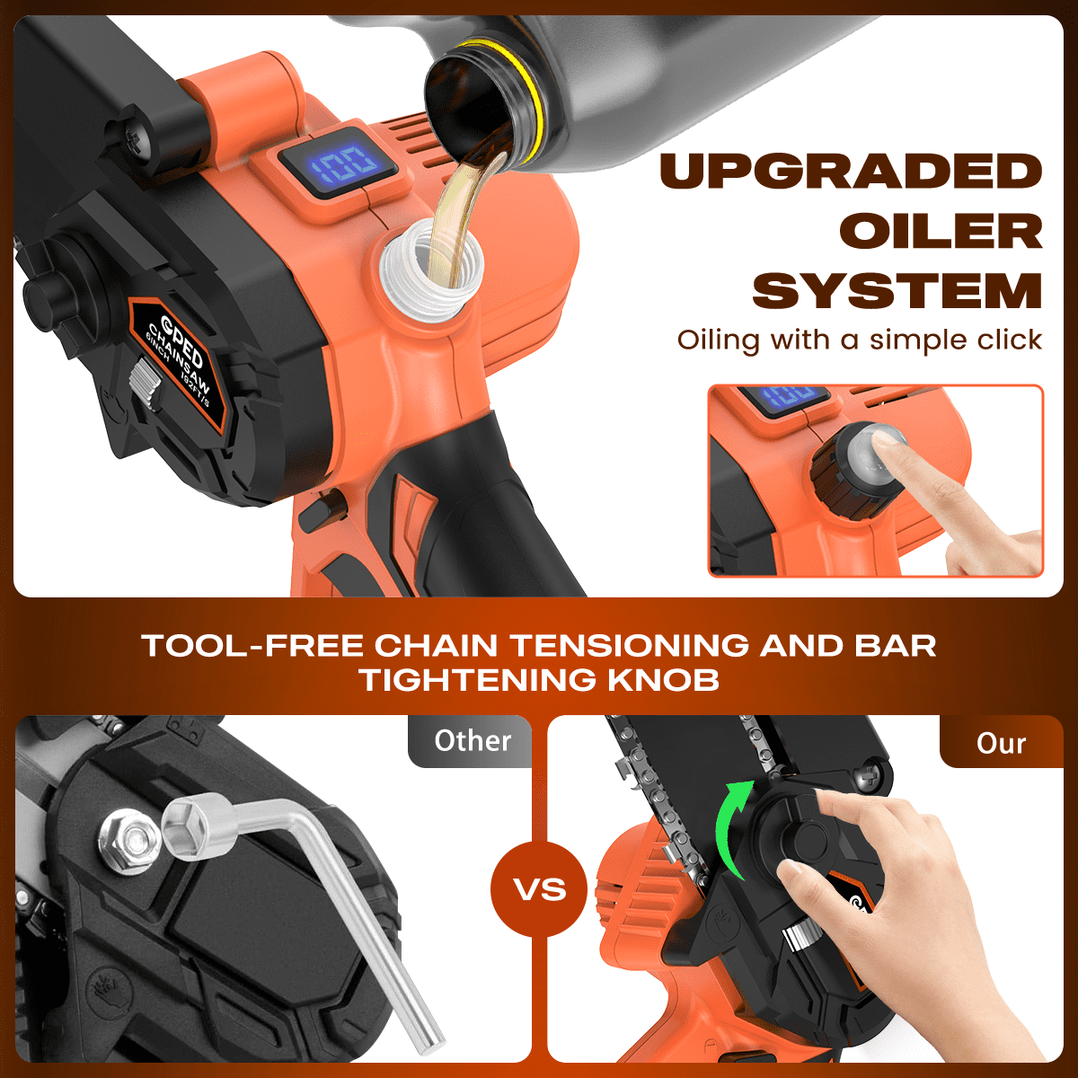GPED Cordless Mini Chainsaw, 6-inch Electric Power Saw for Tree Trimming and Wood Cutting, Lightweight Handheld Tool with 2 Batteries (Orange, 6-inch) usdjn