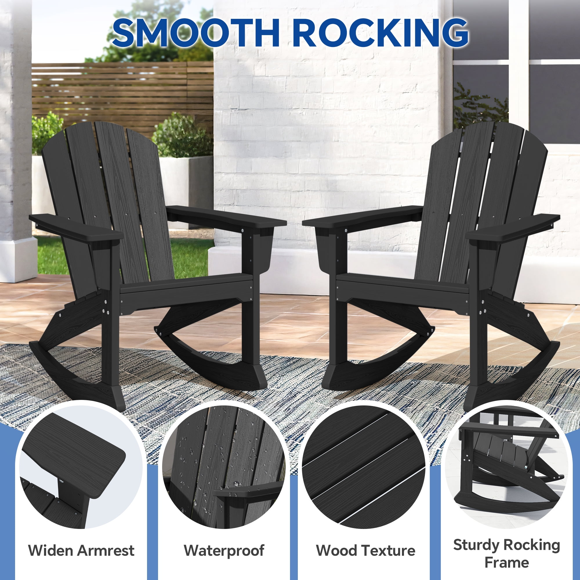 SERWALL Adirondack Rocking Chair, All-Weather HDPE Outdoor Patio Porch Rocker (Black, 33.46 in D x 28.94 in W x 38.19 in H) 8hgya