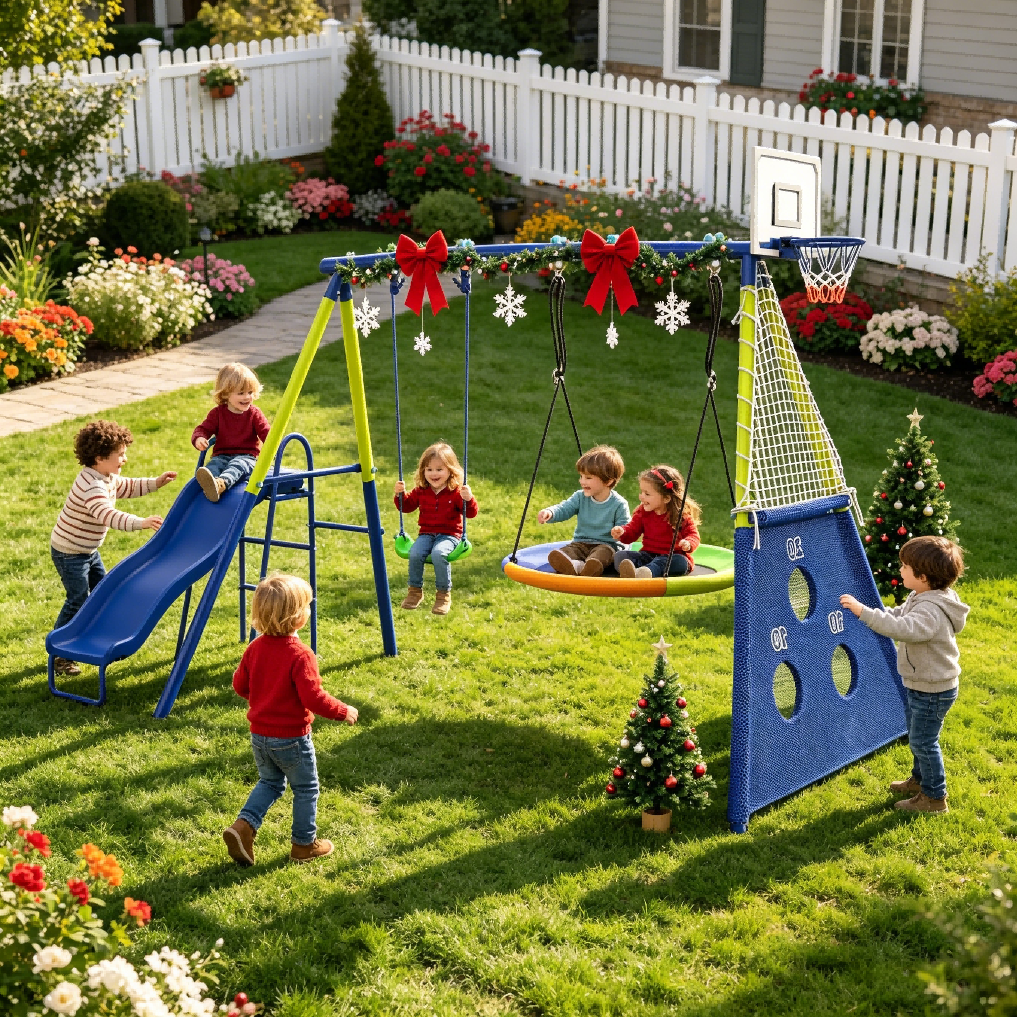 Shengchao Trade Metal Kids Swing Set, Heavy-Duty Outdoor A-Frame Playground with 2 Swings, Saucer Swing, and Sports Hoop (Blue, 75 in H x 67.7 in L x 136 in W) 4jmwx
