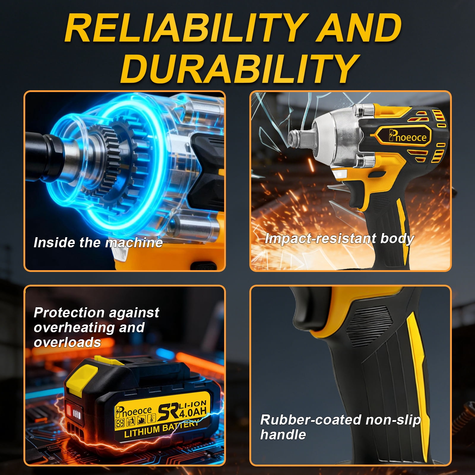 Pnoeoce Brushless Cordless Impact Wrench, 1/2 in High Torque Power Tool, Variable Speed with 2 Batteries (Yellow, 2-Pack) jyi9f