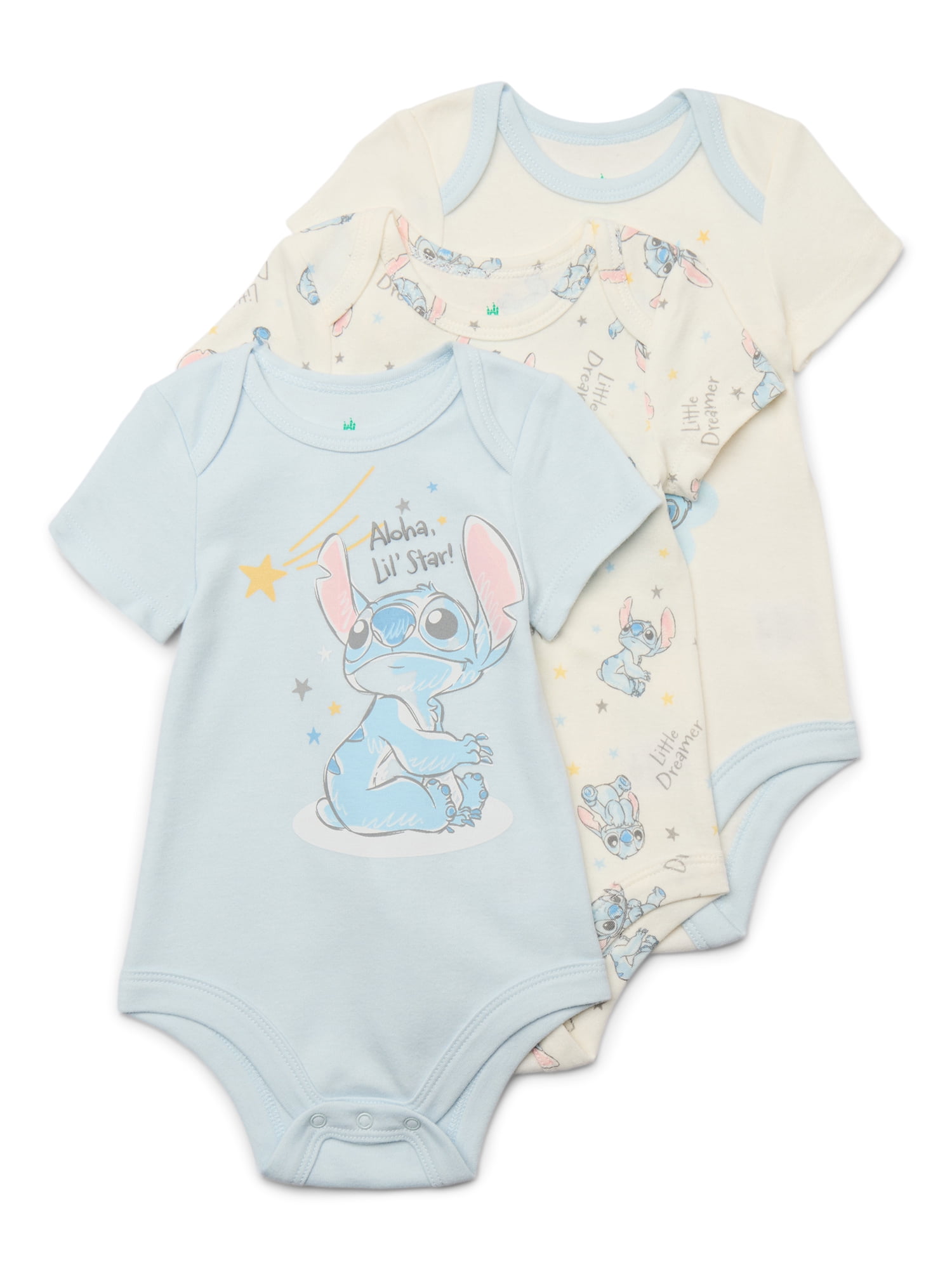 Lilo & Stitch Baby Bodysuit Set, Soft Cotton Blend Short Sleeve Rompers (Blue, 3-Pack) qr5sm
