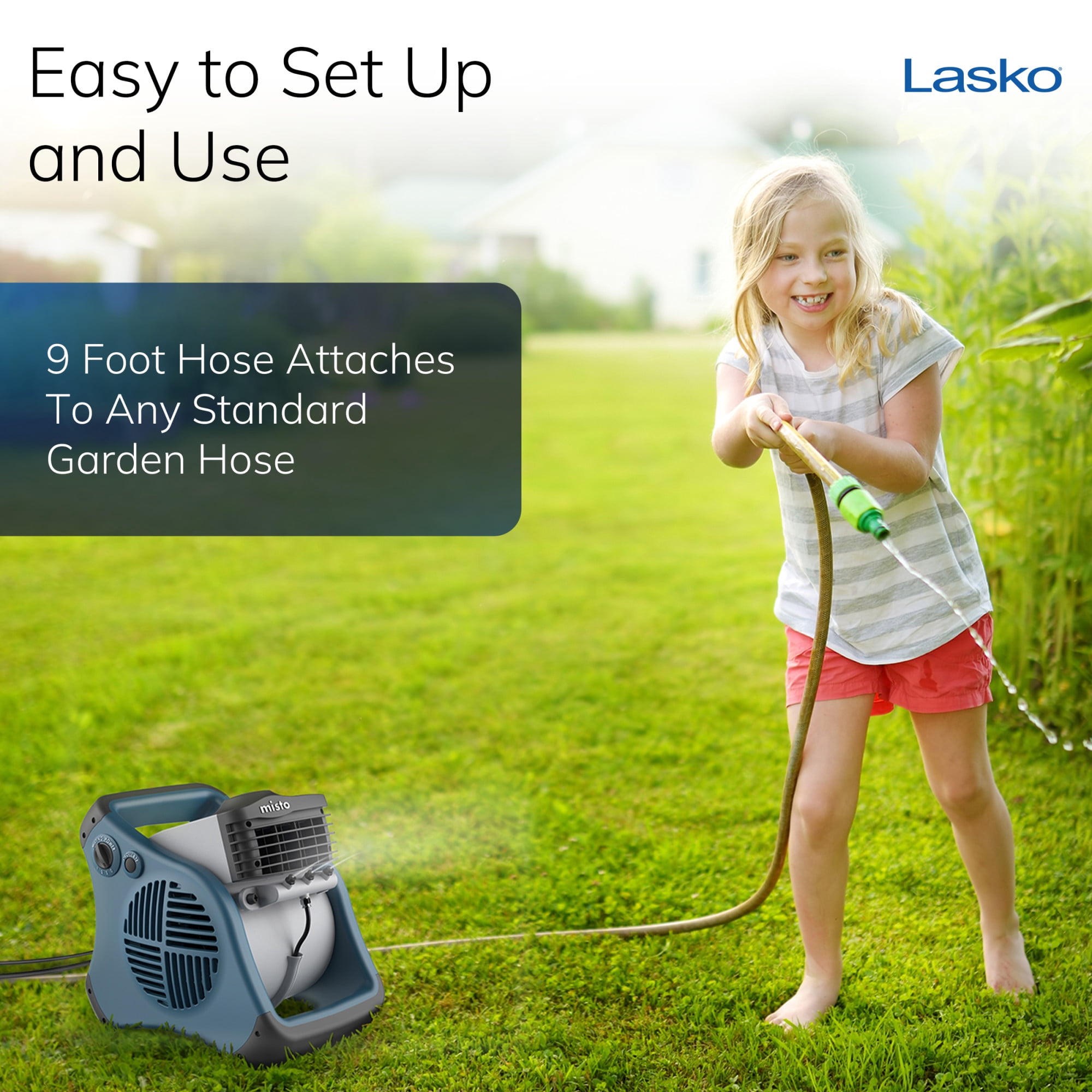 Lasko Misto Outdoor Misting Fan, Pivoting Patio Cooling Fan with 3 Speeds and GFCI Safety Cord (Blue, 15 in) uhryb