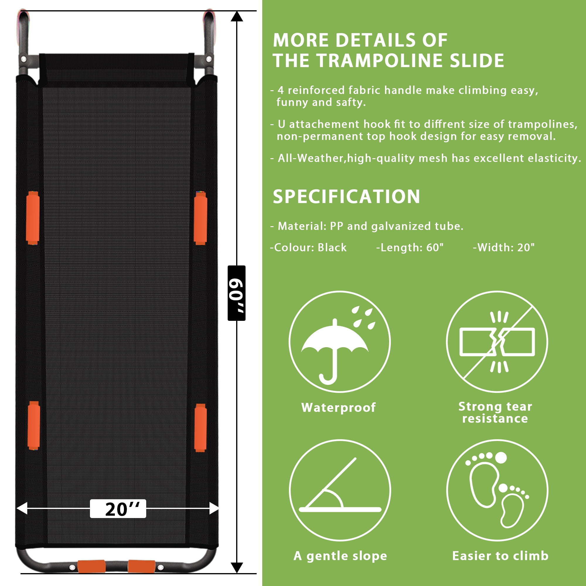 ROMUCHE Trampoline Slide and Ladder Attachment with Safety Handles (Black, 61.4 in x 18.1 in) 64hlt