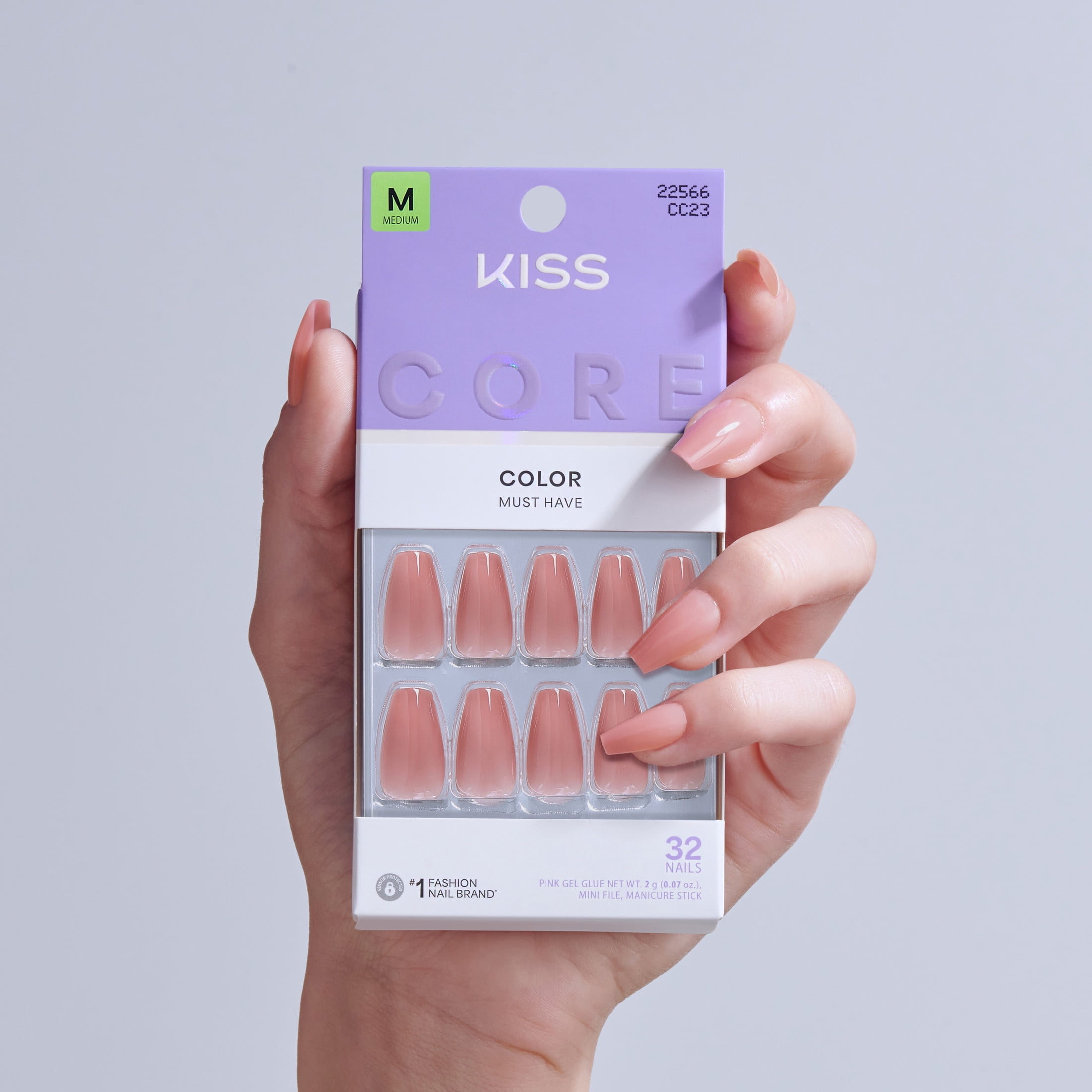 Kiss Core Color Press-On Nails, Medium Coffin Shape, Long-Lasting Durable Finish (Pink, 32 Pieces) jst28