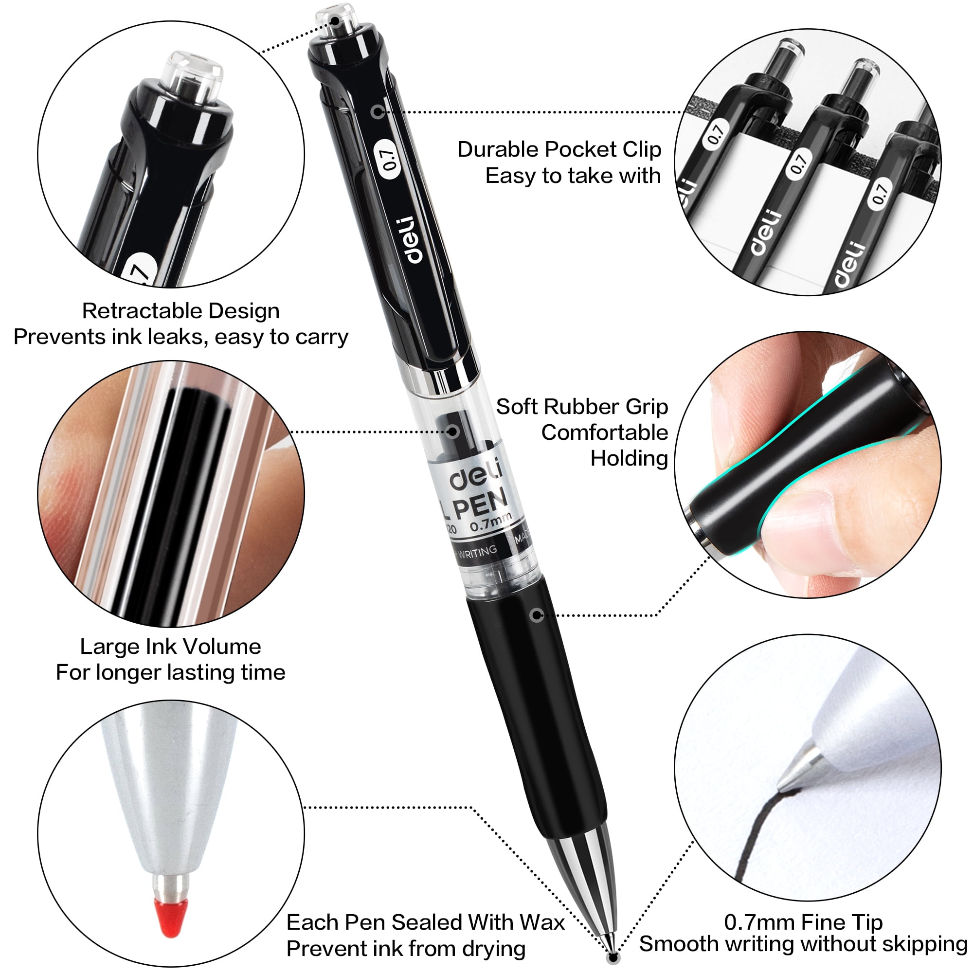 Deli Gel Pens Set with Refills, Smooth Writing Fine Point 0.03 in, Quick-Dry Ink (Black, 36 Pack) 4xw1c