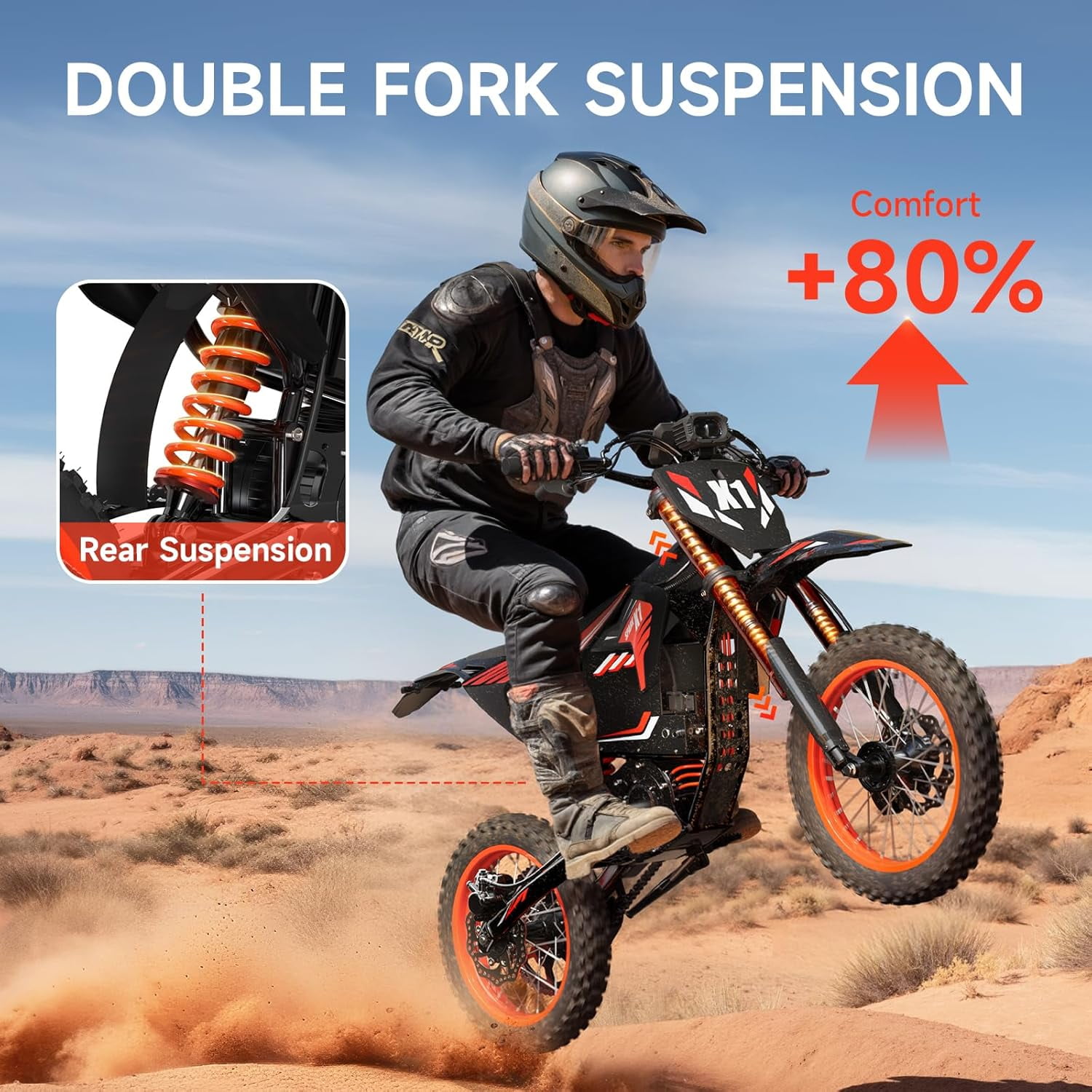 Qronge Electric Dirt Bike, 4500W High-Performance Off-Road E-Bike with Full Suspension and Dual Hydraulic Brakes (Black, 14 in/12 in) ua0mf