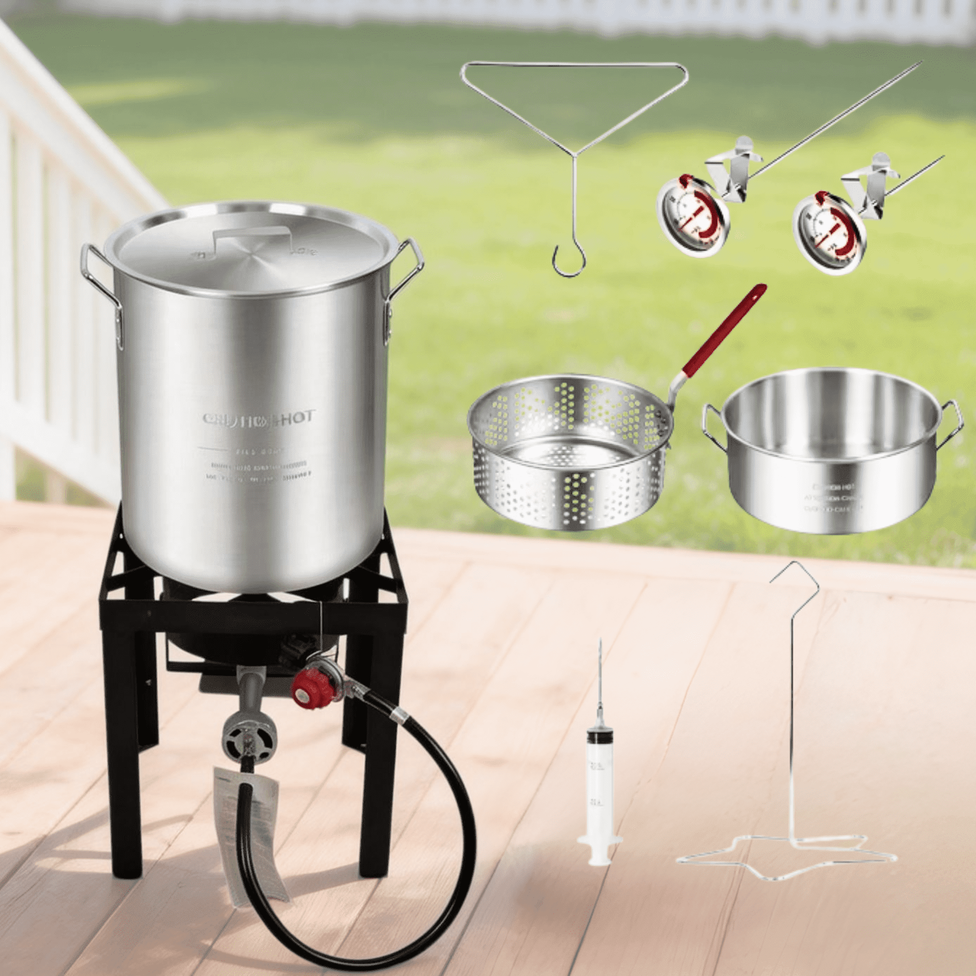 Red Mountain Valley Propane Outdoor Turkey Fryer Set with Basket and Dual Pots (Red, 30 qt and 10 qt) pquzj