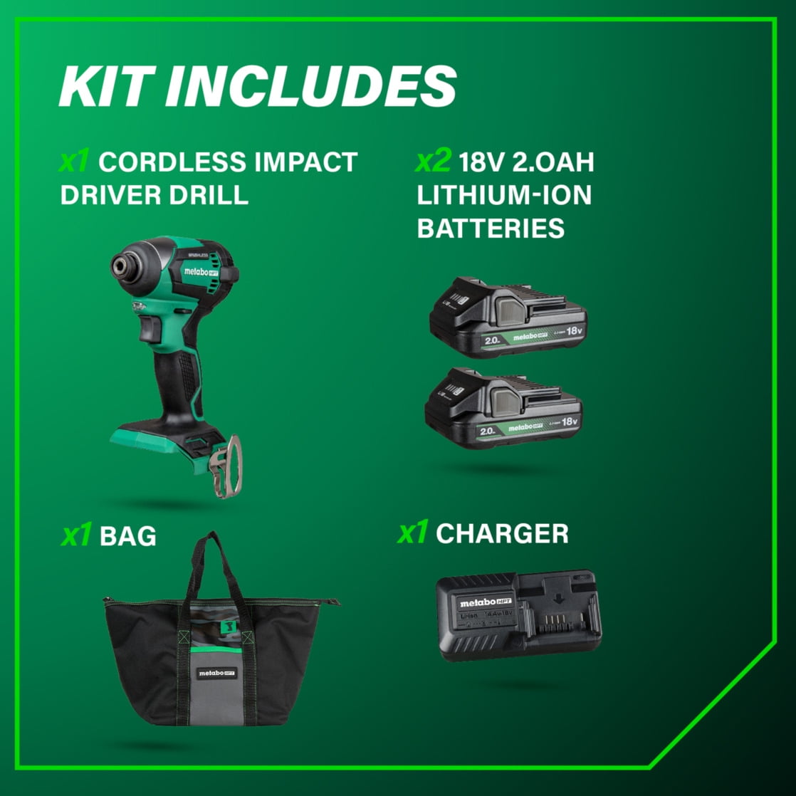 Metabo HPT 18V Cordless Impact Driver Kit, Brushless Motor, Variable Speed (Green, 1/4-In Chuck) bpxpi