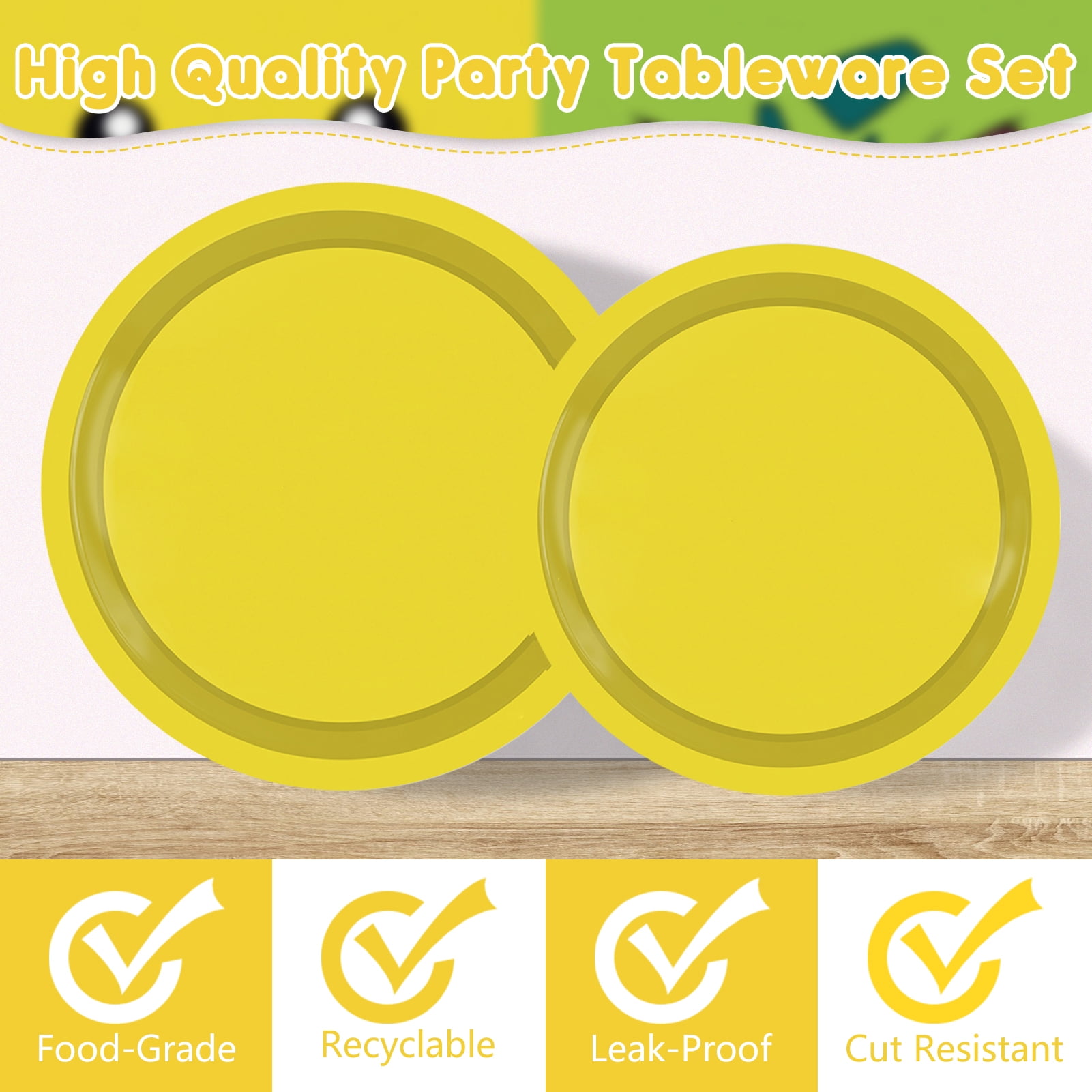 Moerstar Cartoon Birthday Party Tableware Set, Disposable Plates and Napkins Decorations (Yellow, Serves 16) kwj5k