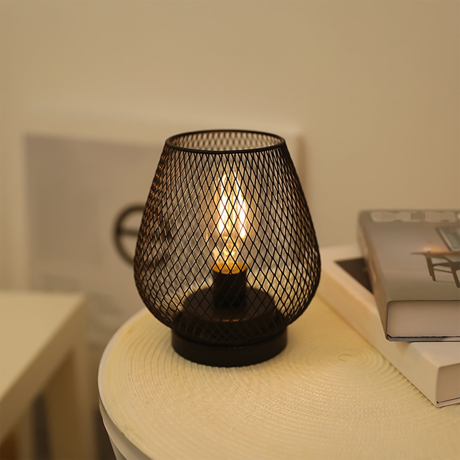 VOAVEKE Metal LED Lantern Table Lamp, Battery Powered Decorative Light with Edison Style Bulb (Black, 11 in) zwl3y
