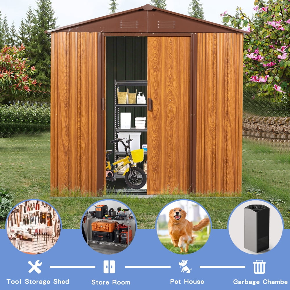 Generic Metal Storage Shed Heavy-Duty Galvanized Steel Outdoor Garden Tool House (Brown, 6 ft x 6 ft) 4s7u2
