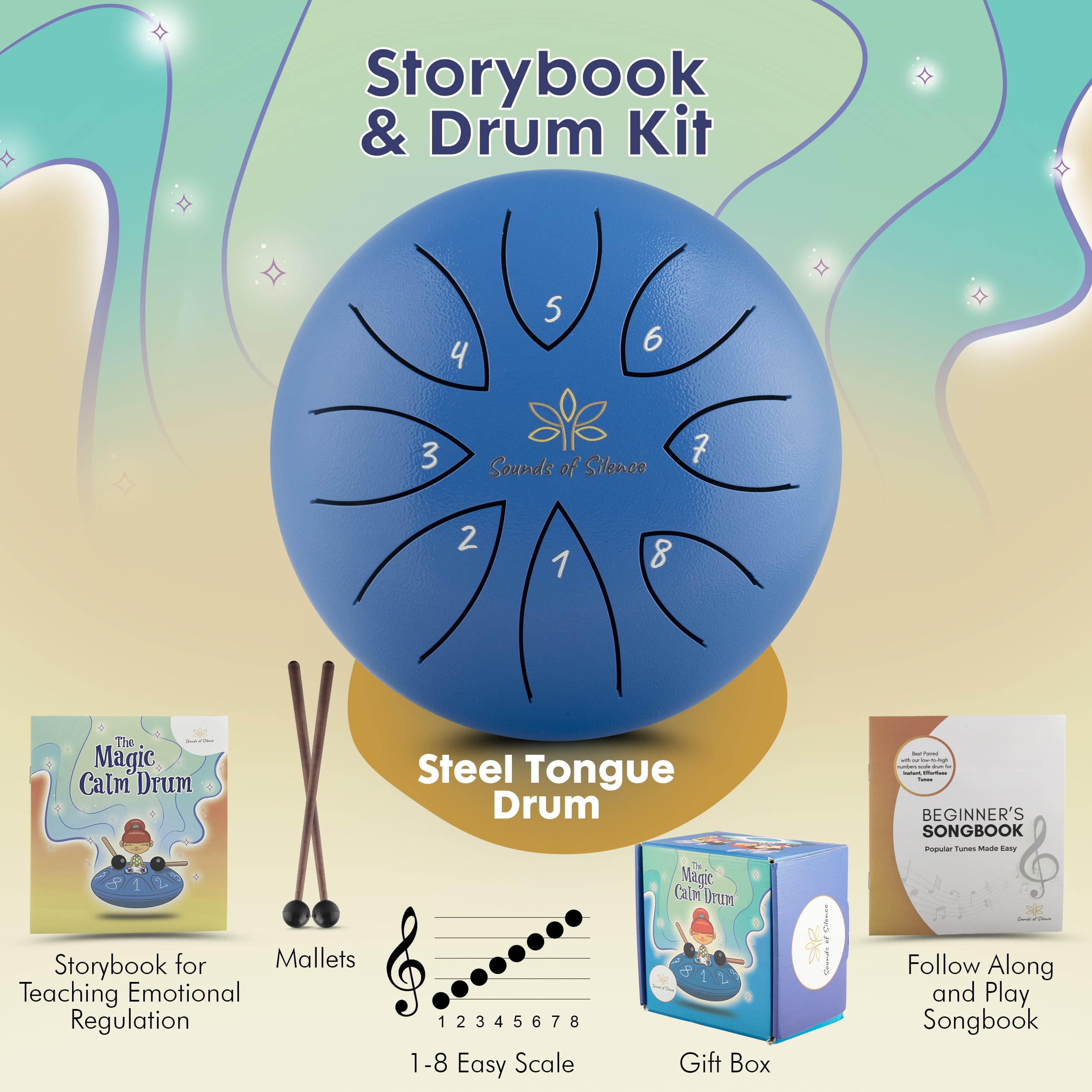 Sounds Of Silence Steel Tongue Drum for Kids, Musical Instrument Set with Storybook and Mallets (Blue, 6 in) 1r5nd