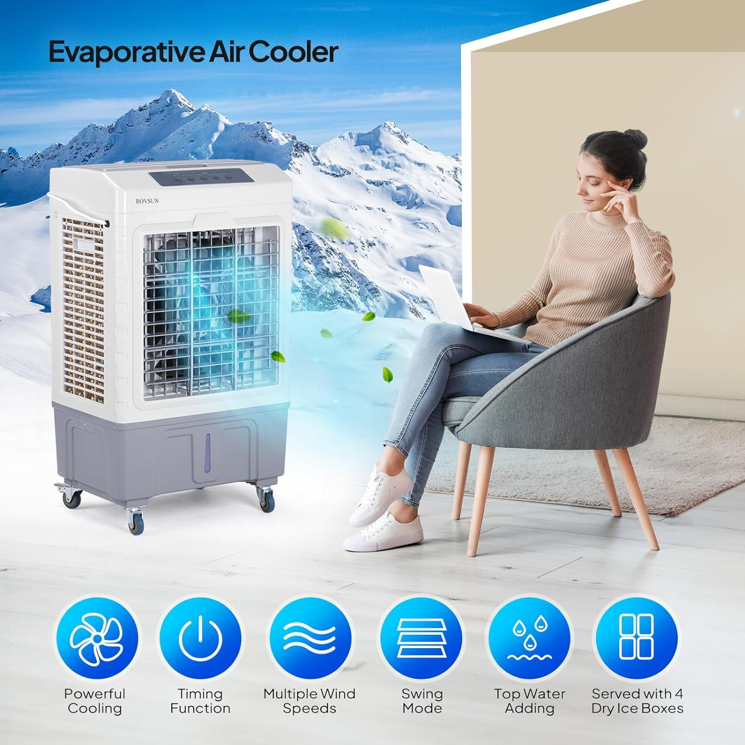 VINGLI Portable Evaporative Air Cooler, 3-in-1 Cooling Fan with 40L Water Tank (White, 1 Unit) swmes