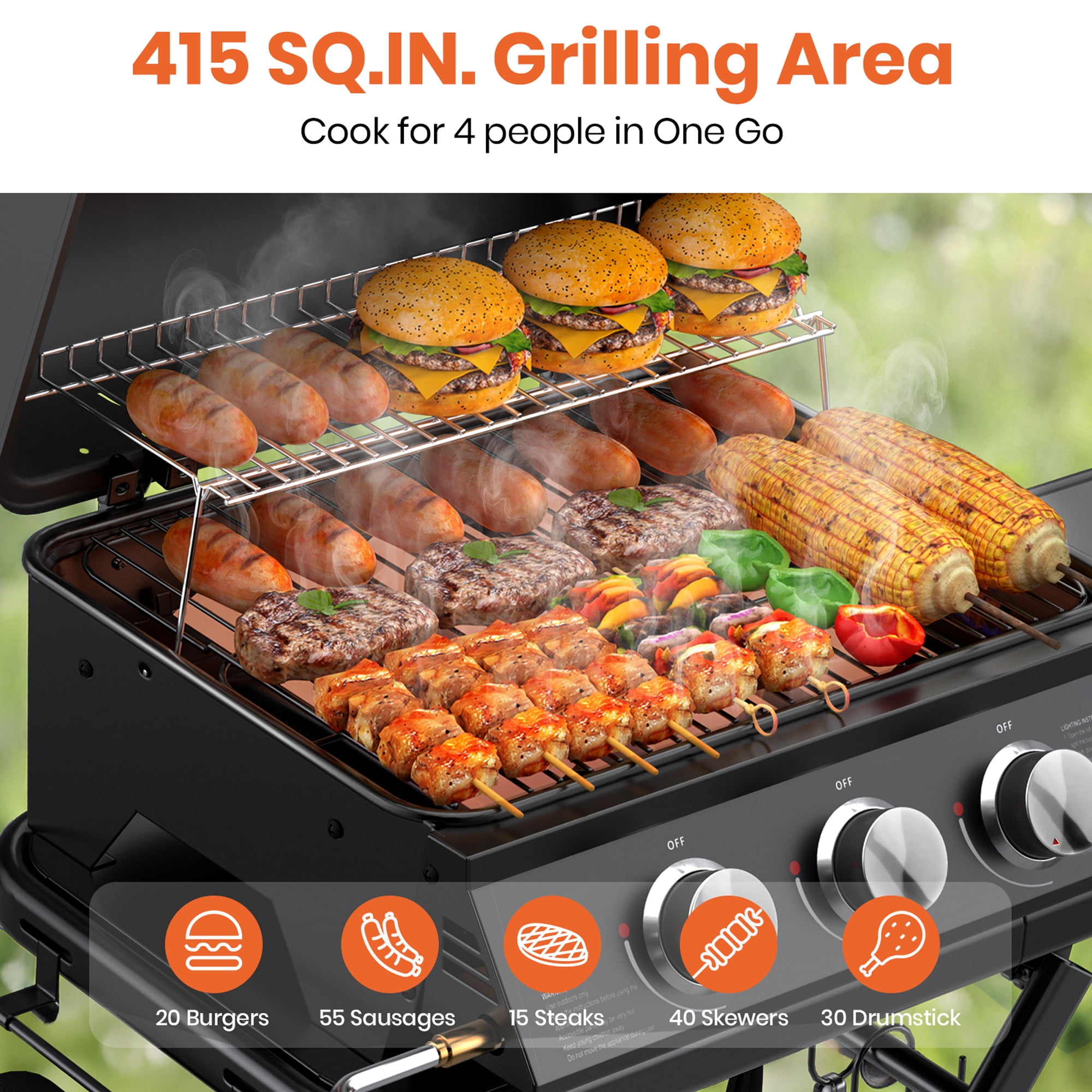 NICWIN 3-Burner Portable Gas Grill with Foldable Legs, 30,000 BTU Outdoor BBQ Grill for Camping and Tailgating (Black, 415 sq in) m8qsg