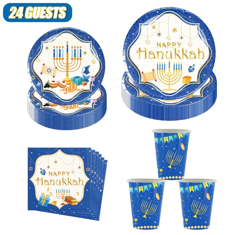 MSJEHQI Hanukkah Party Dinnerware Set, Disposable Plates, Cups, and Napkins for 24 Guests (Blue, 96 Piece Set) csxdc