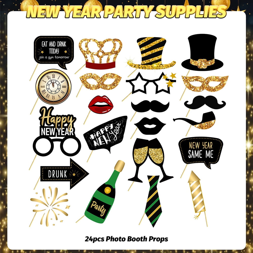 MSJEHQI New Year Party Decorations Kit 2026 Happy New Year Banner Balloons Photo Booth Props (Gold and Black, 53 Piece Set) wtqgx