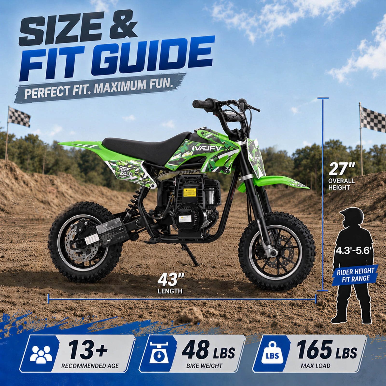 IVFJFV 39cc 4-Stroke Gas Dirt Bike for Beginners, Mini Off-Road Motorcycle with Disc Brakes and Rear Suspension (Green, 48 lb) 5981e