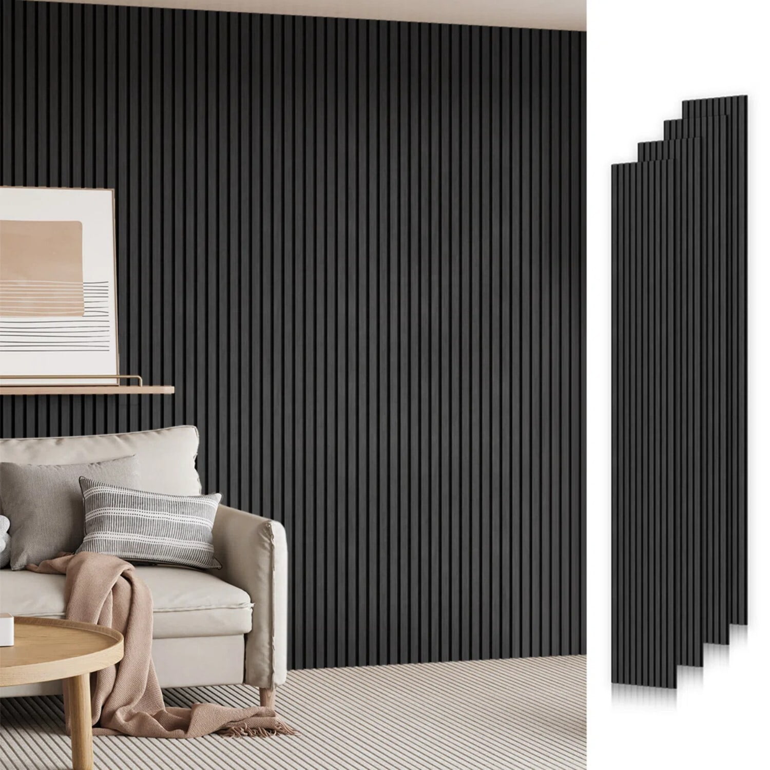 Easy4Home Soundproof Wood Slat Acoustic Wall Panels (Dark Gray, 4-Pack, 106 in x 12.6 in) qyprz