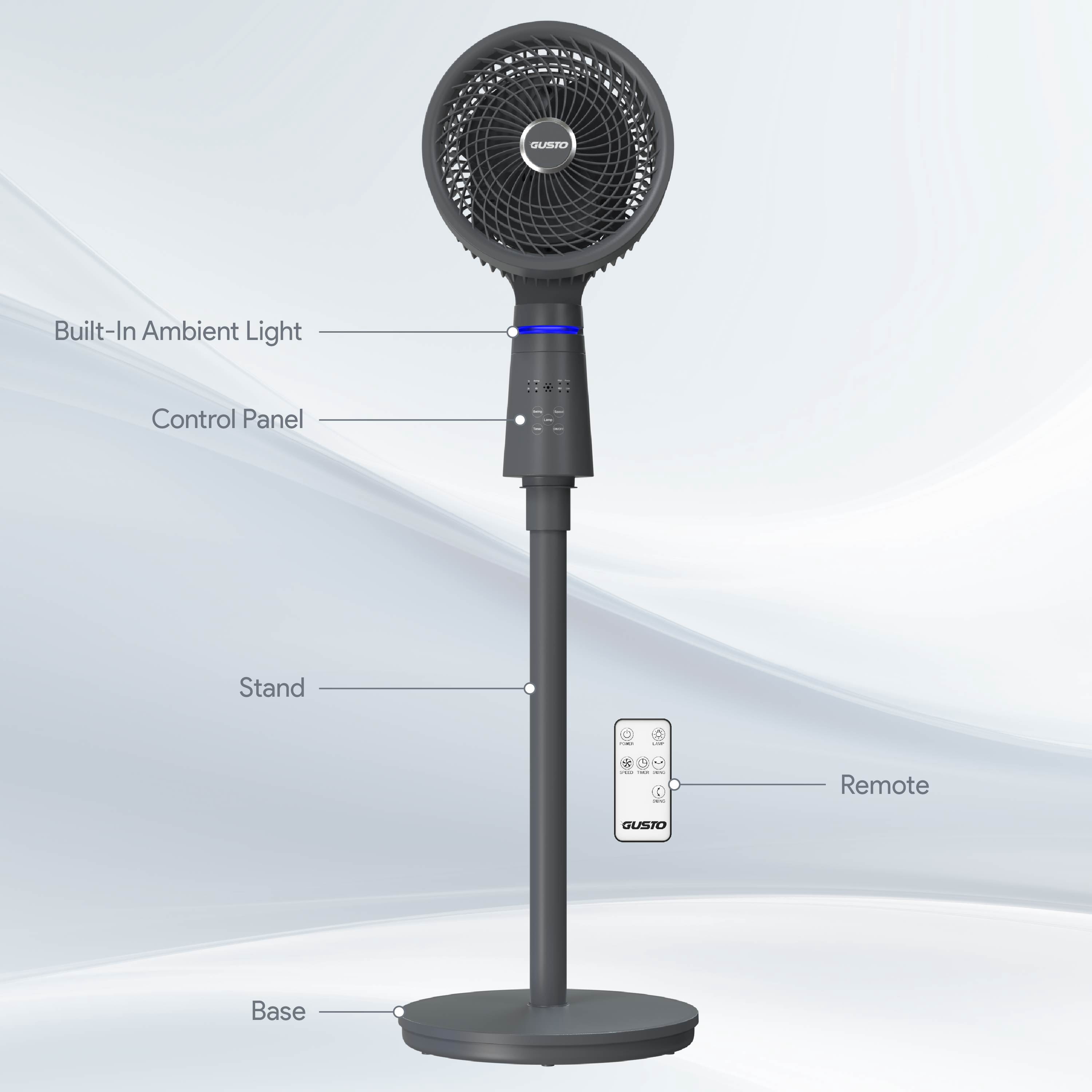 GUSTO 40W Oscillating Pedestal Fan with Remote and Adjustable Timer (Grey, 12 in) bdqug
