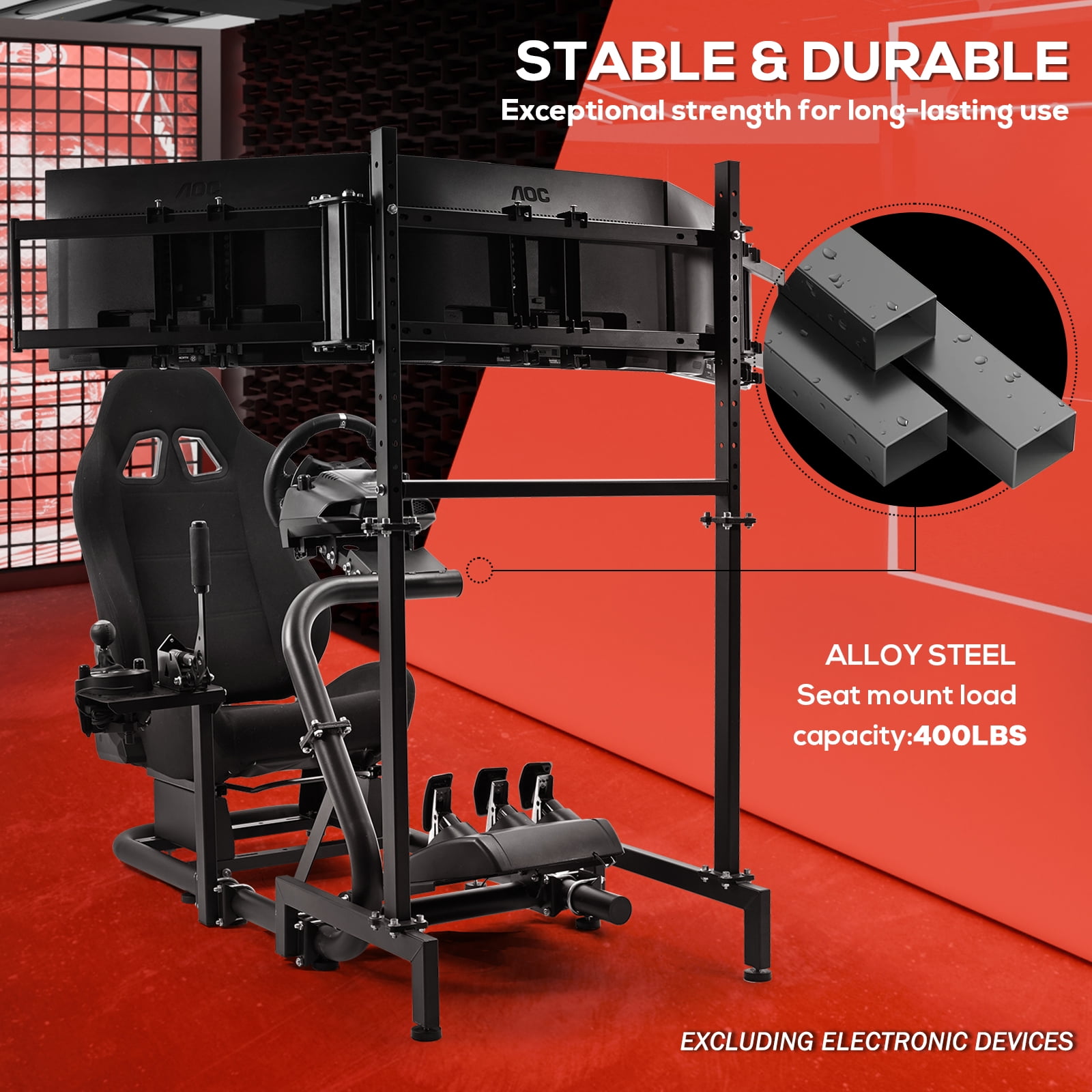 Supllueer Racing Simulator Cockpit with Triple Monitor Stand and Adjustable Seat (Black, 50 in x 24 in x 45 in) 5strn