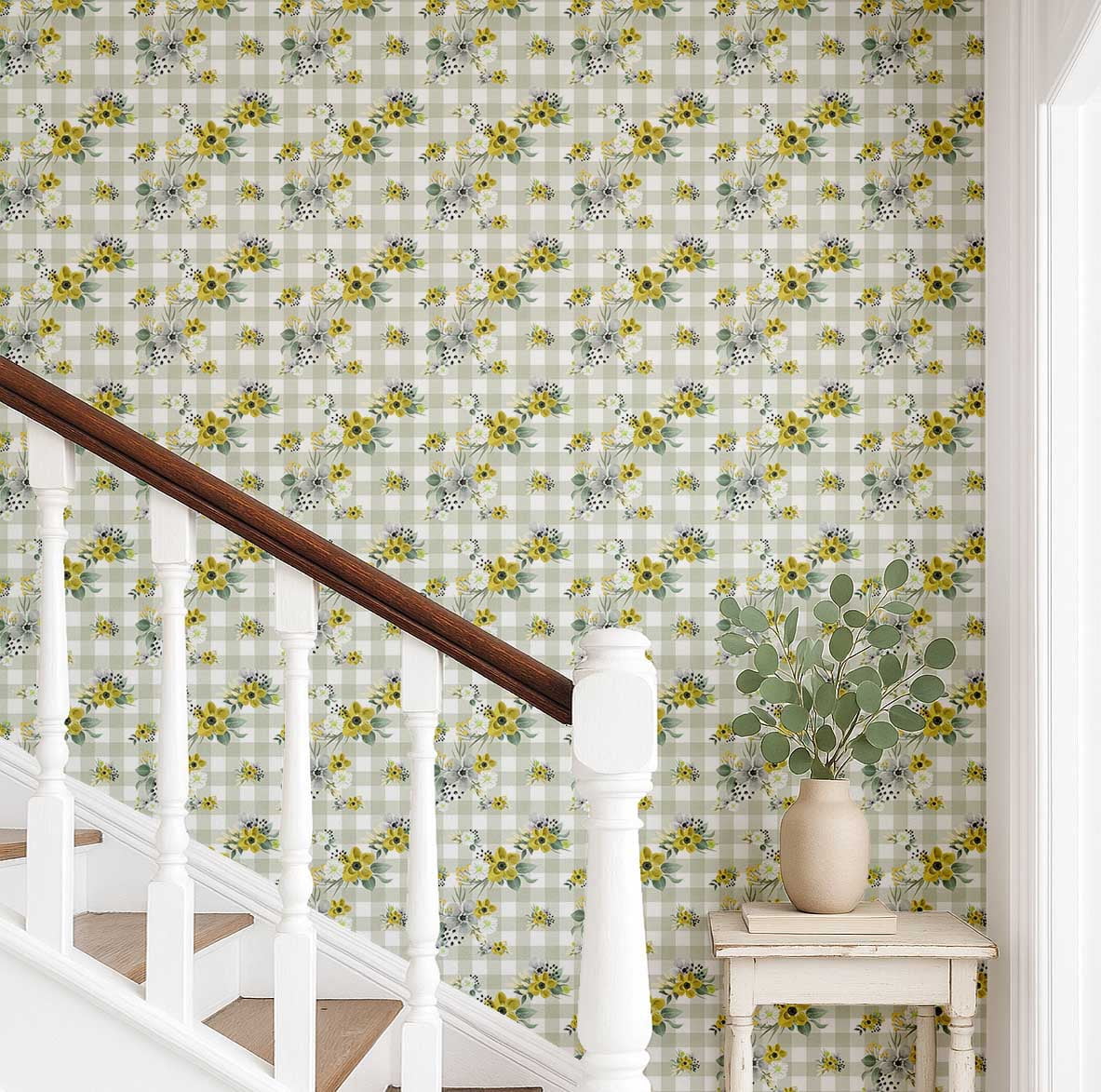 S4Sassy Floral Plaid Wallpaper Self-Adhesive Vinyl Wall Covering (Yellow, 25 in x 120 in) ysau0