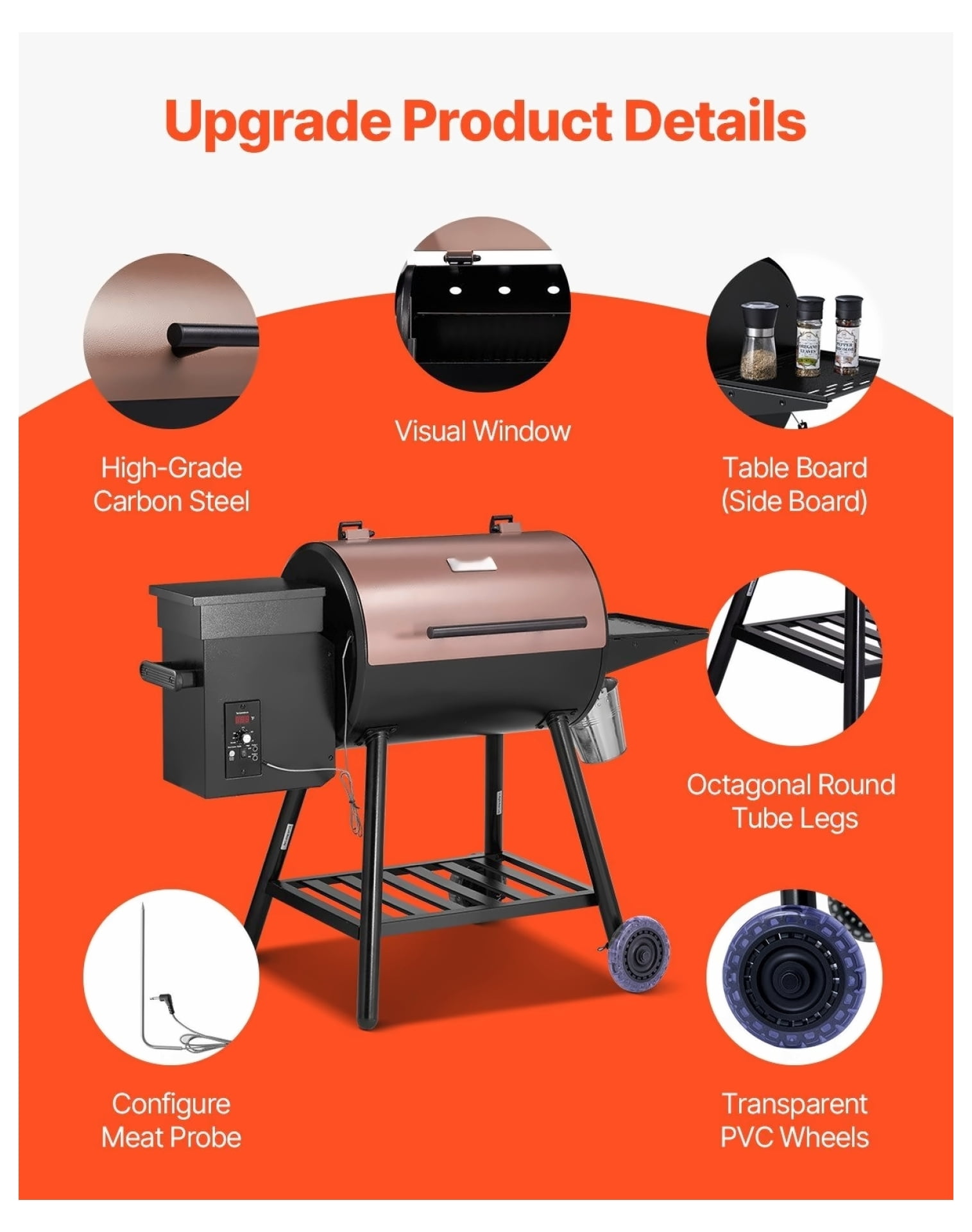 Generic Wood Pellet Grill Smoker, 8-in-1 BBQ Grill with Digital Controller and Meat Probe (Black, 456 sq in) o6tkt