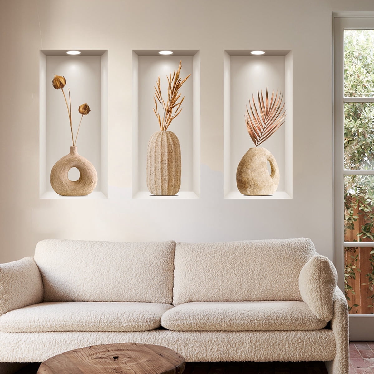 WEXIA 3D Vase Wall Stickers Removable Vinyl Art Mural Peel and Stick DIY Home Decor (Beige, 3-Piece Set) 03q3m