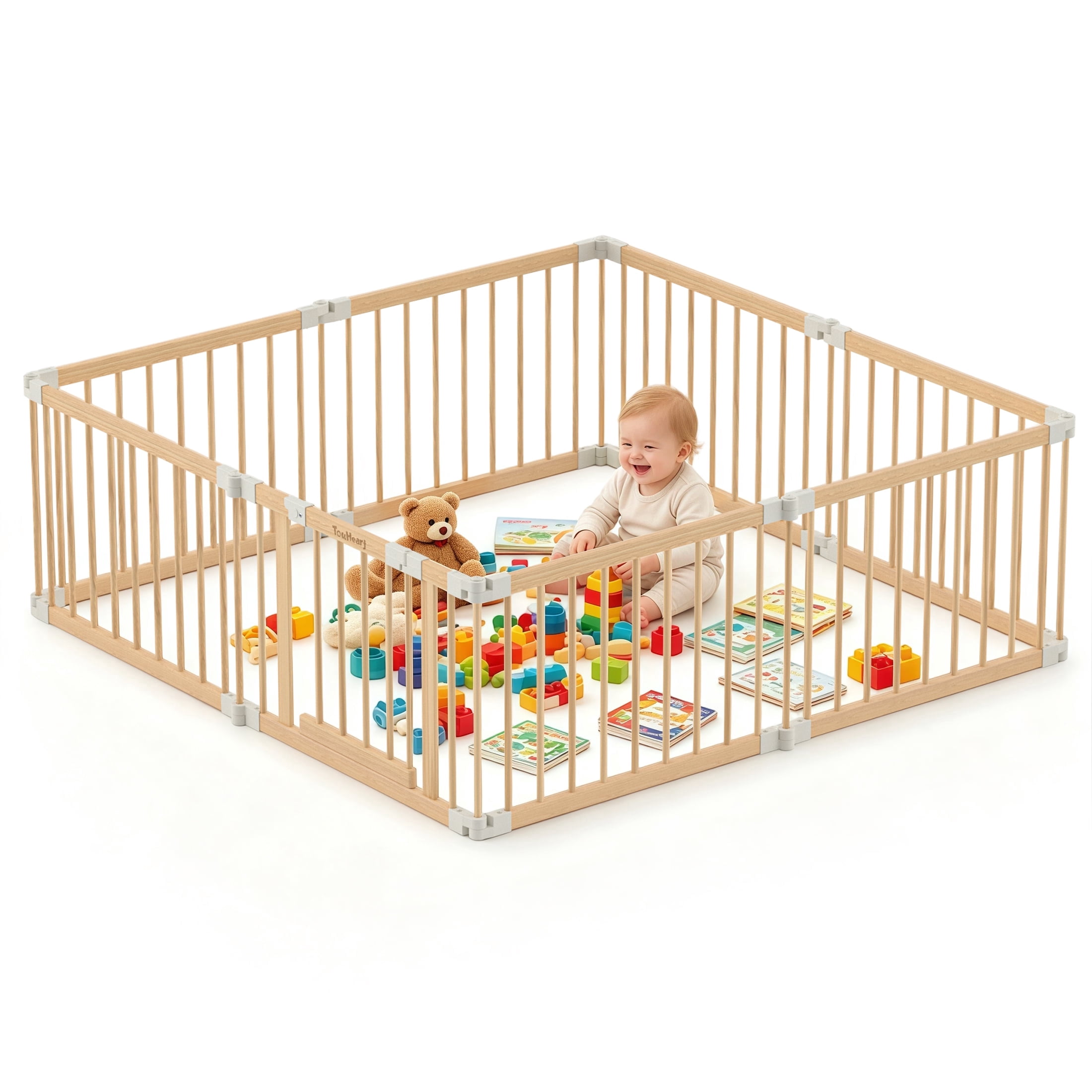 TouHeart Wooden Baby Playpen, Foldable Safety Play Fence with Gate (Natural Wood, 69 in x 69 in x 24 in) gap0x