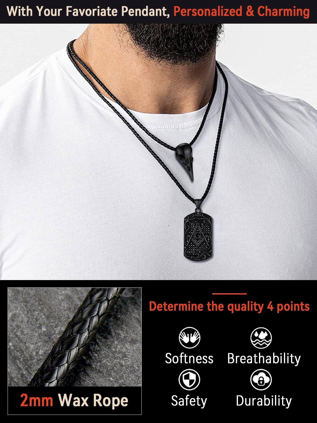 FaithHeart Braided Leather Cord Necklace for Men and Women, Waterproof Wax Rope Chain with Stainless Steel Clasp (Black, 20 in) 0r57a