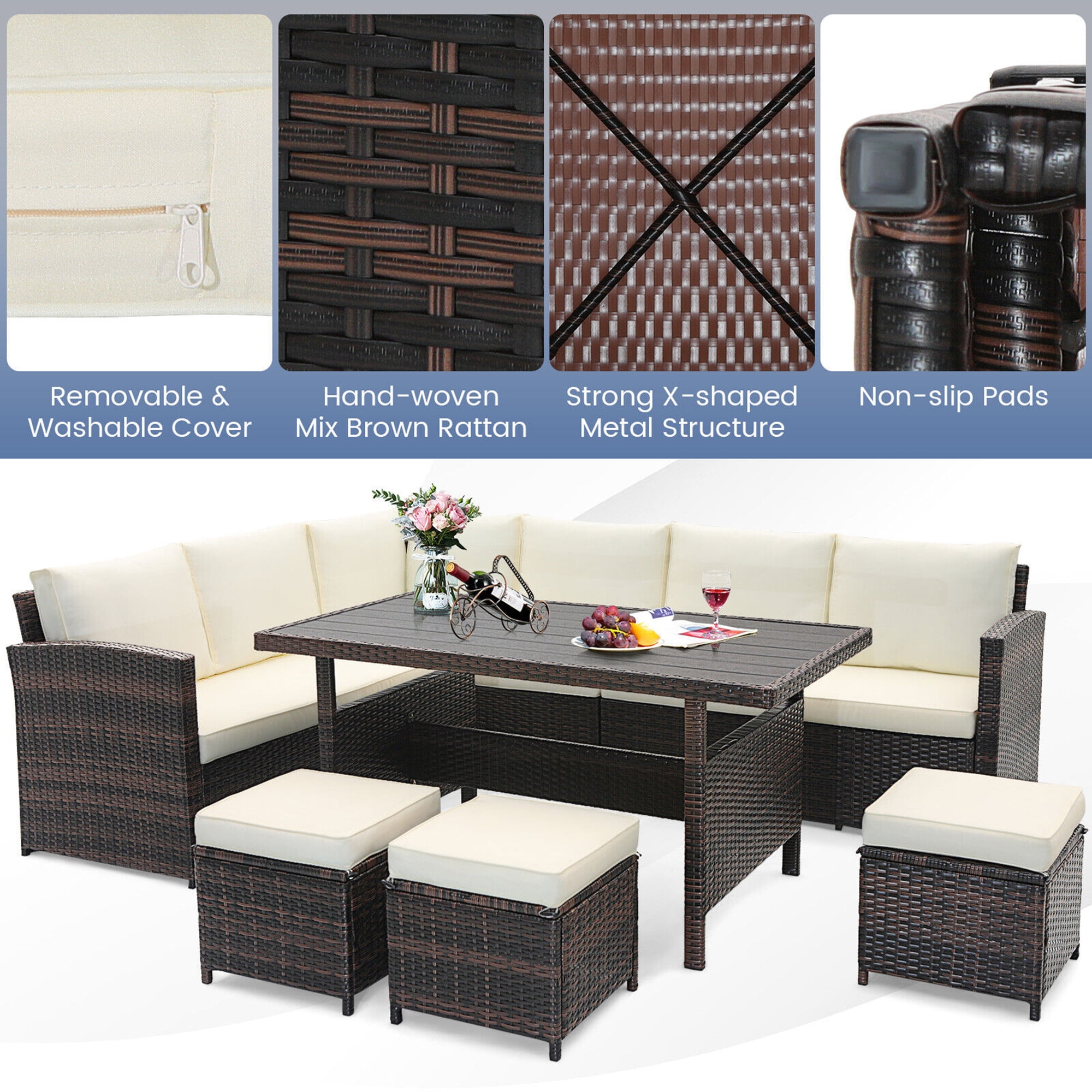 Gymax 7-Piece Wicker Patio Conversation Furniture Set with Cushions (White, 7-Piece) sqvvq