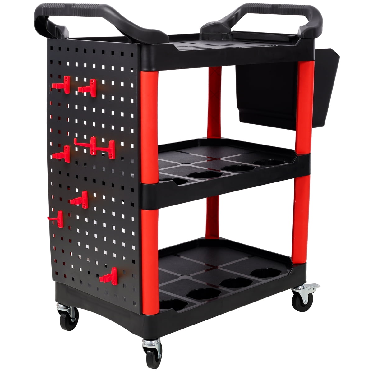 LuckyNote 3-Tier Rolling Auto Detail Cart with Pegboard and Hanging Bucket (Red and Black, 300 lb Capacity) 04so6