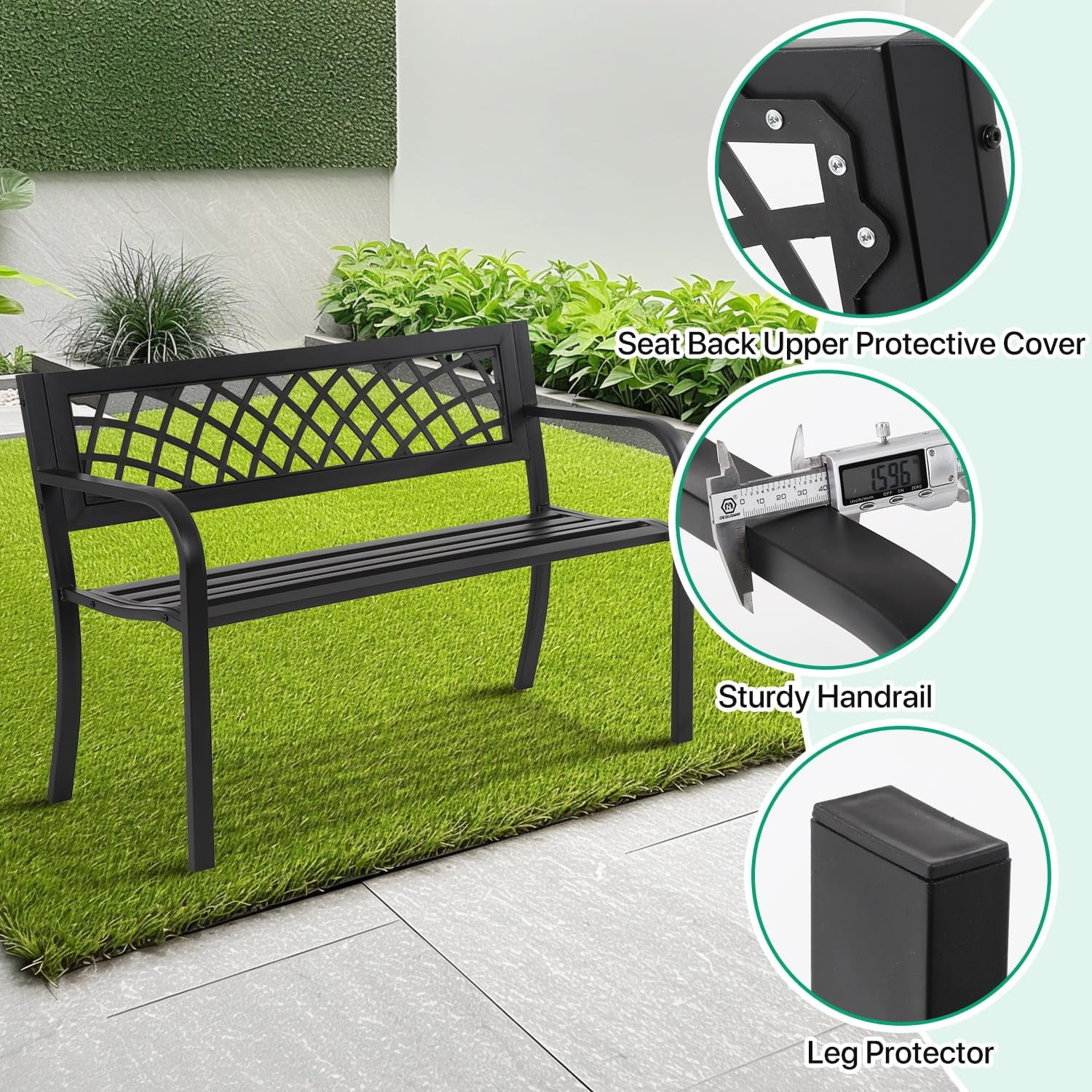 Dkeli Outdoor Garden Bench with Armrests, Rust-Resistant Steel Patio Park Seat (Black, 45.5 in L x 21.7 in D x 30 in H) 7r3qn
