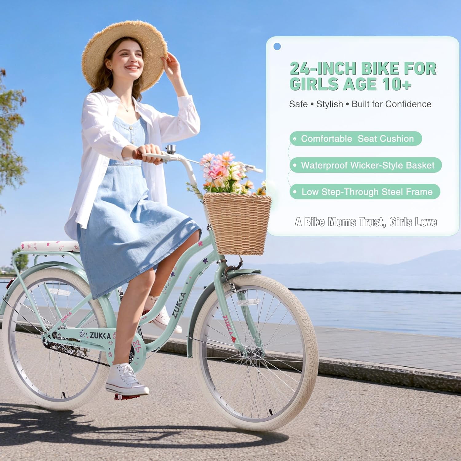 Ambifirner 24 in Cruiser Bike, Single-Speed Retro Steel Frame Bicycle for Women with Dual V-Brakes (Ocean Teal, 24 in) jcp07