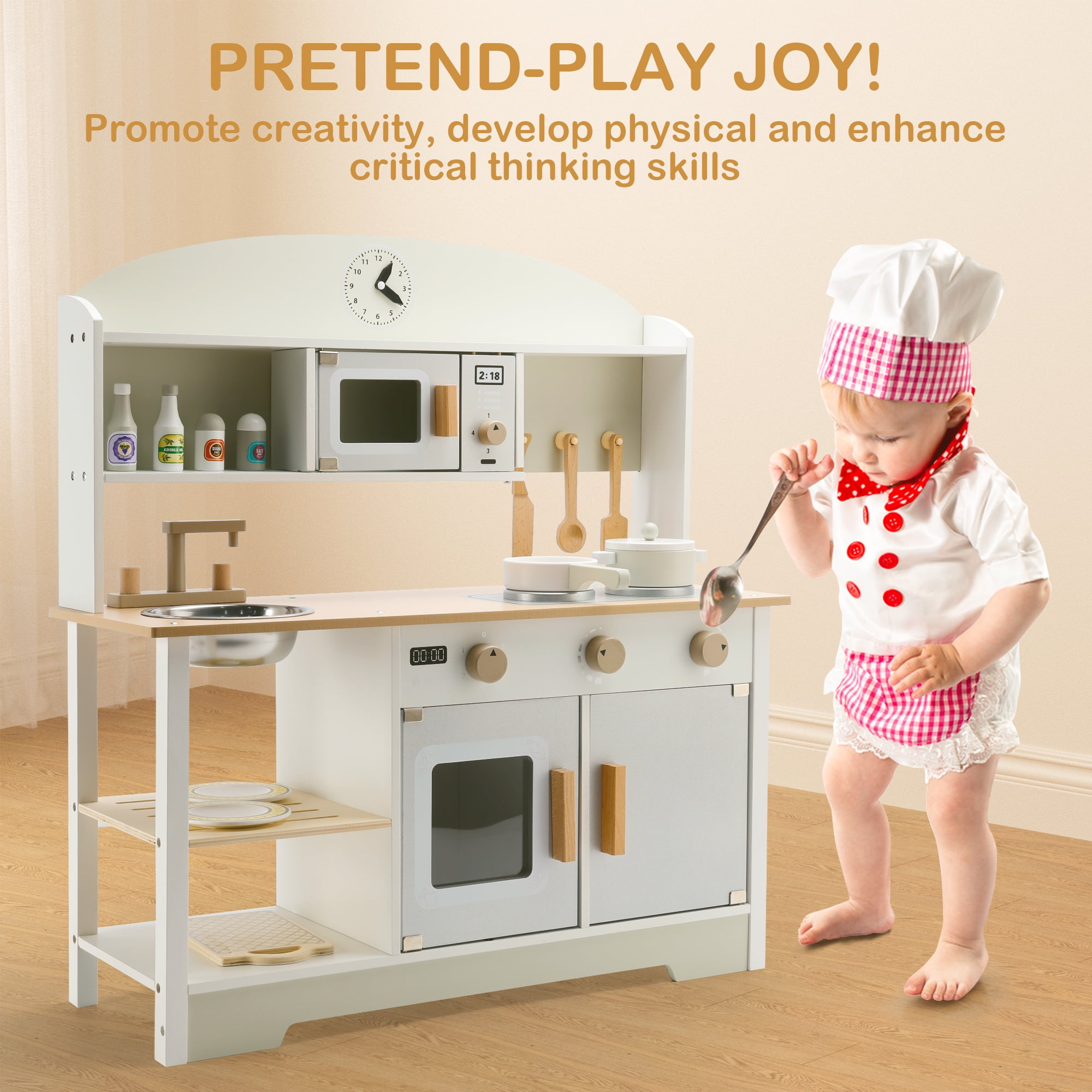 Bruce & Shark Kids Wooden Pretend Play Kitchen Set with Microwave, Sink, and Cookware Accessories (White, 28.35 x 26.77 x 10.24 in) zopix