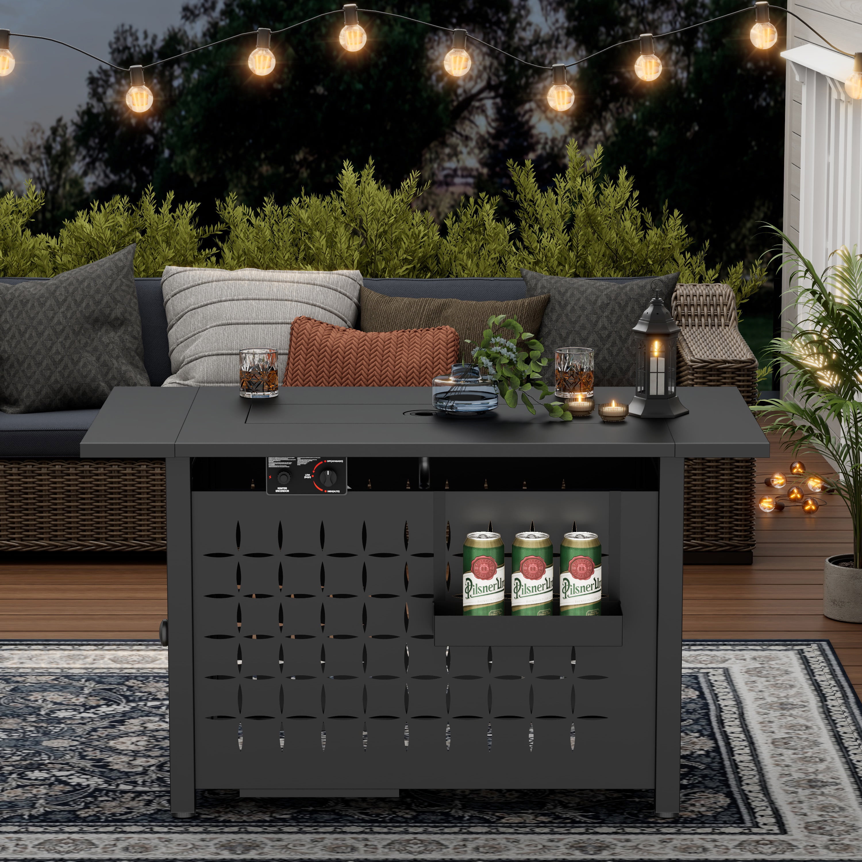 Segmart 43 in Propane Fire Pit Table, Outdoor Gas Fire Pit with Hanging Basket, Lid, and Lava Rocks (Black, 43 in) cmtzk
