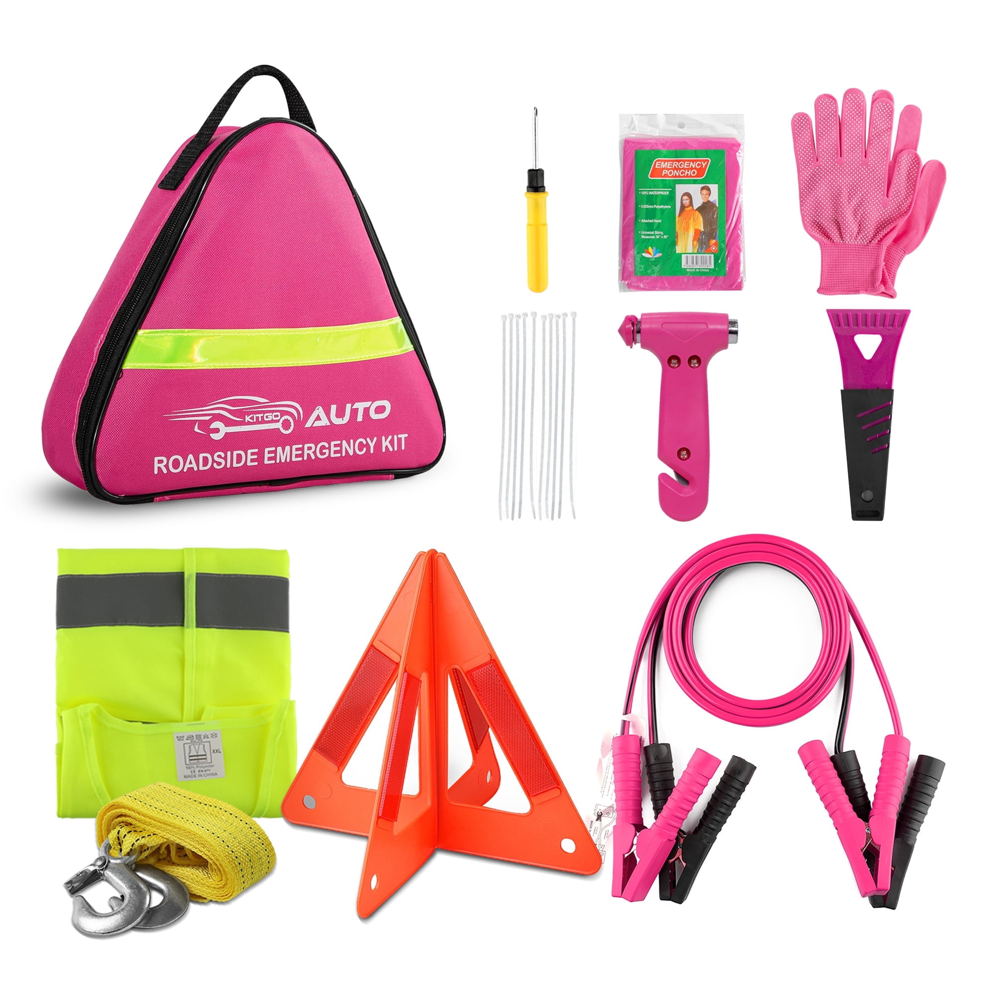 Kitgo Car Emergency Kit Roadside Safety Set with Jumper Cables (Pink, 1 Pack) 5to50