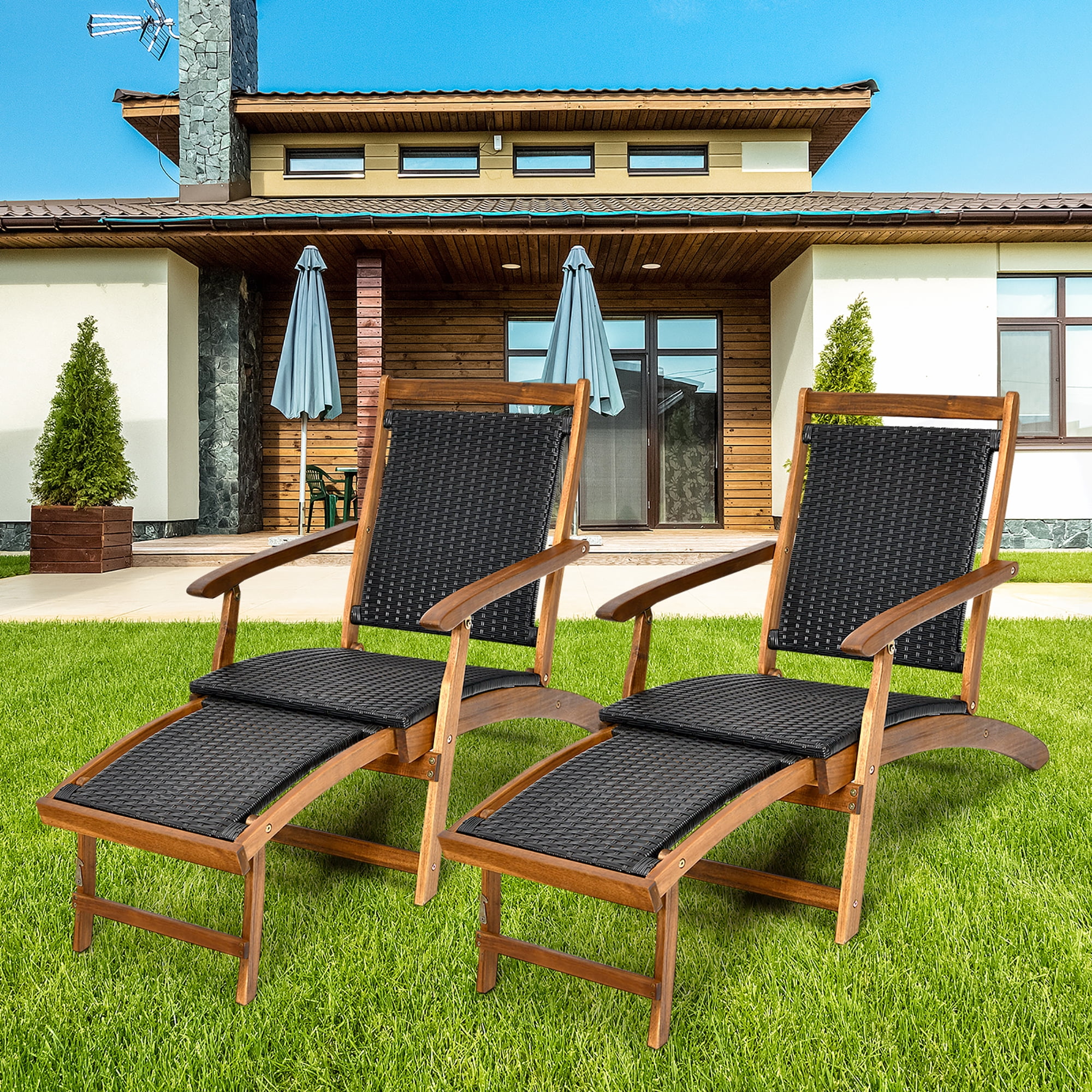 Costway 2-Piece Patio Folding Rattan Lounge Chair Set with Retractable Footrest (Brown, 24 in x 51.5 in x 32.5 in) motay